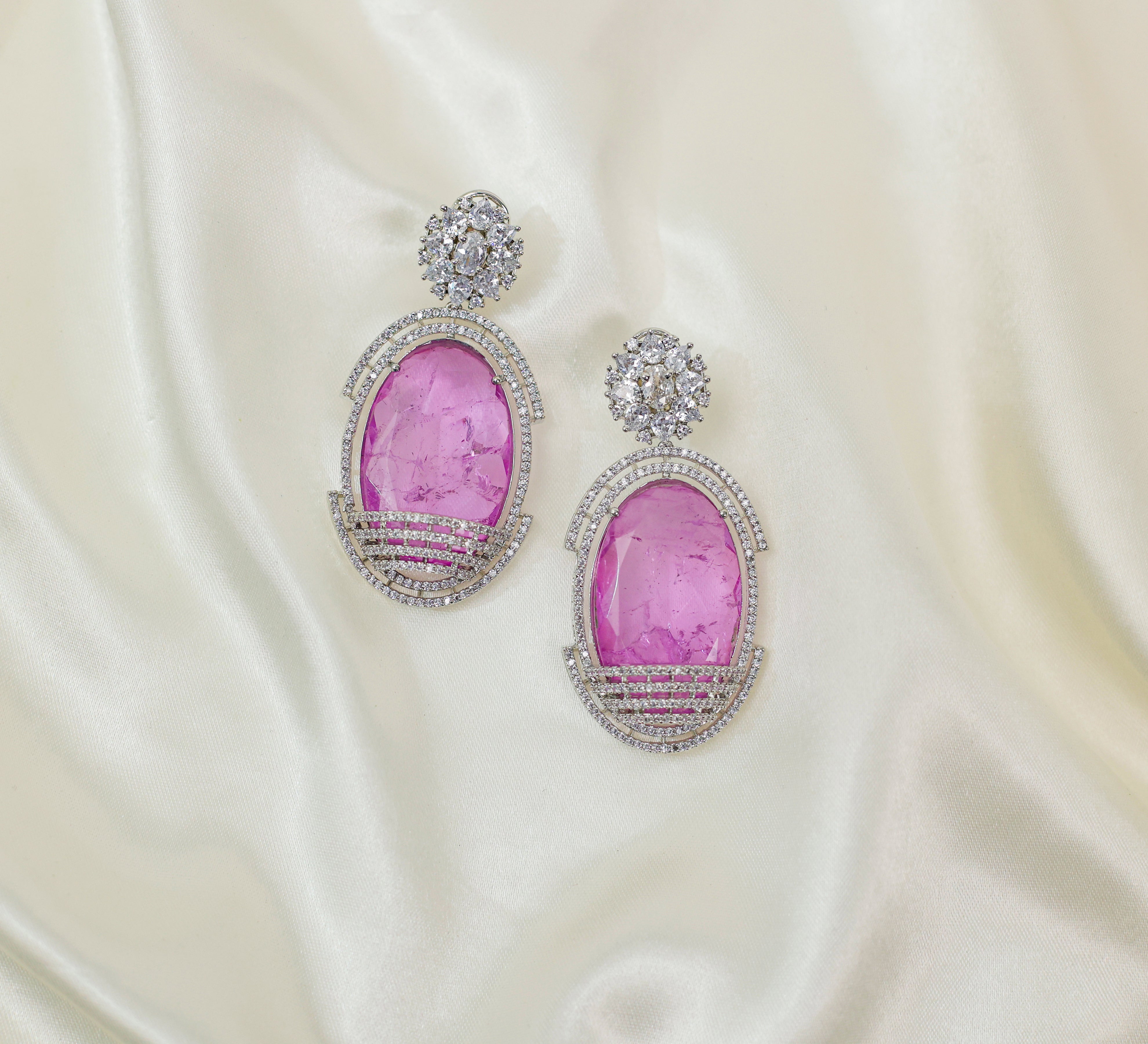 Doublet Stones Earrings with White Rhodium Plating - Adisha Jewels