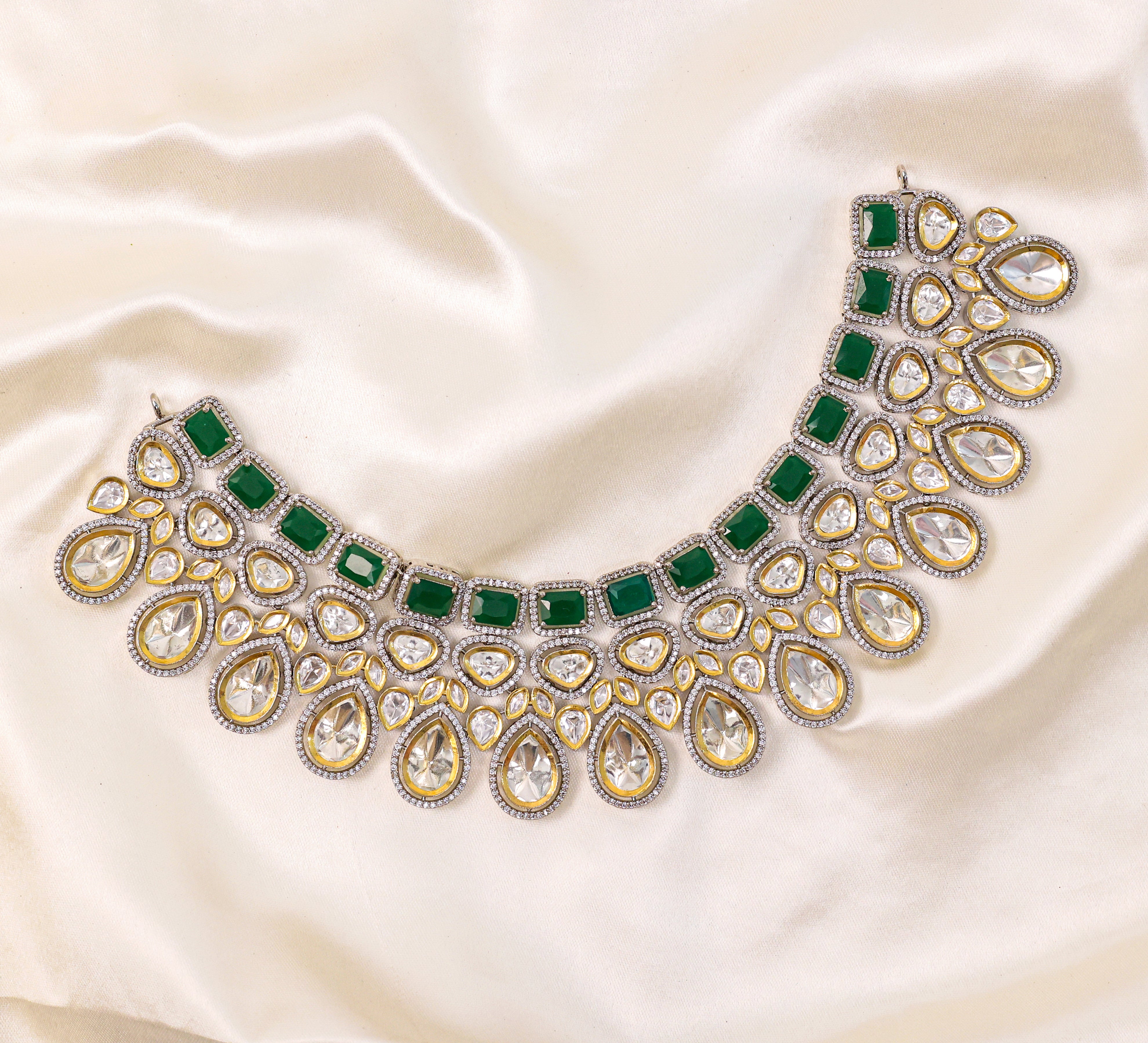 Victorian-Inspired Kundan Polki Necklace Set with Hydro Stones - Adisha Jewels