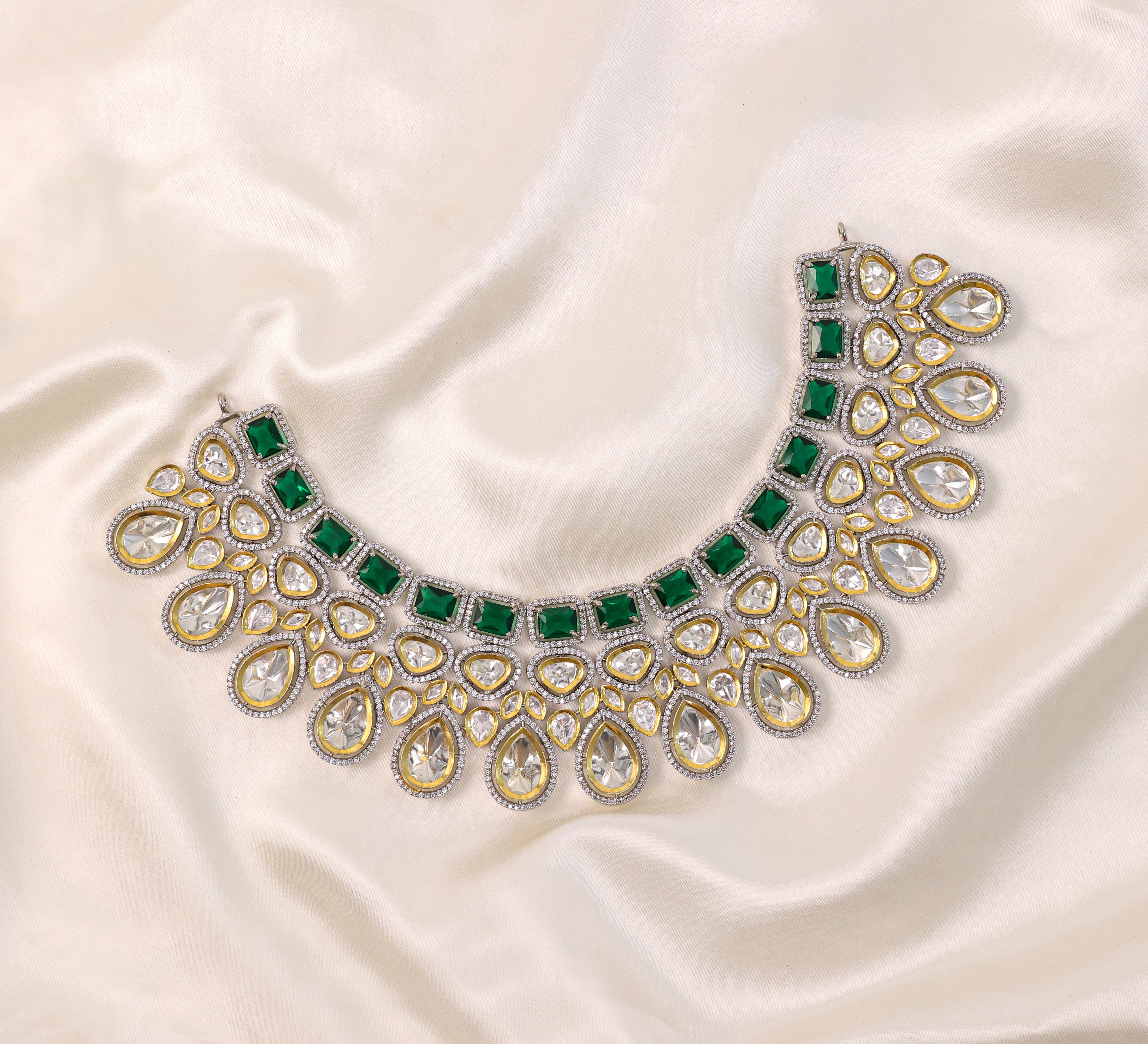 Victorian-Inspired Kundan Polki Necklace Set with Hydro Stones - Adisha Jewels