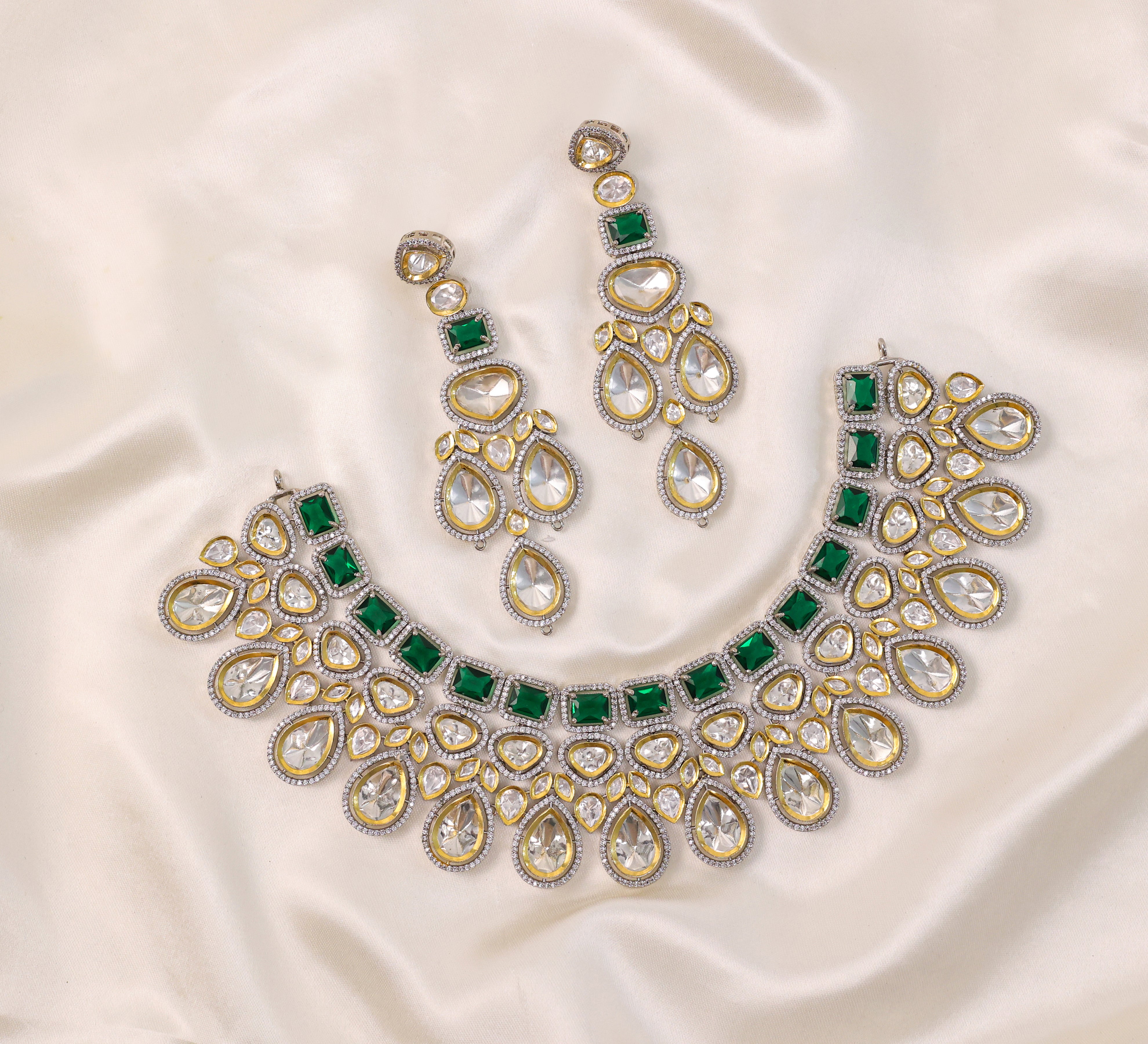 Victorian-Inspired Kundan Polki Necklace Set with Hydro Stones - Adisha Jewels