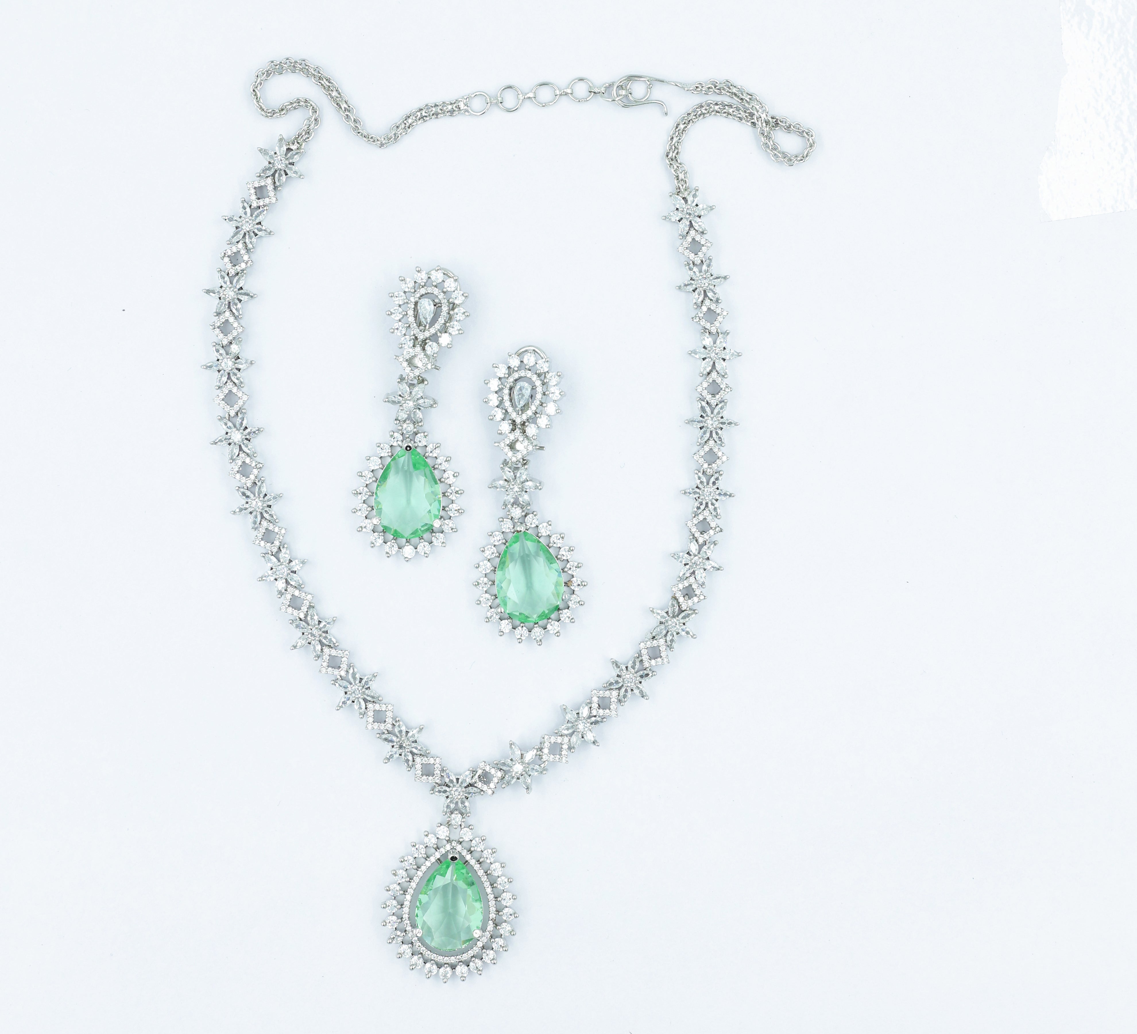 White Rhodium Necklace Set with Cubic Zirconia and Hydro Stones - Adisha Jewels