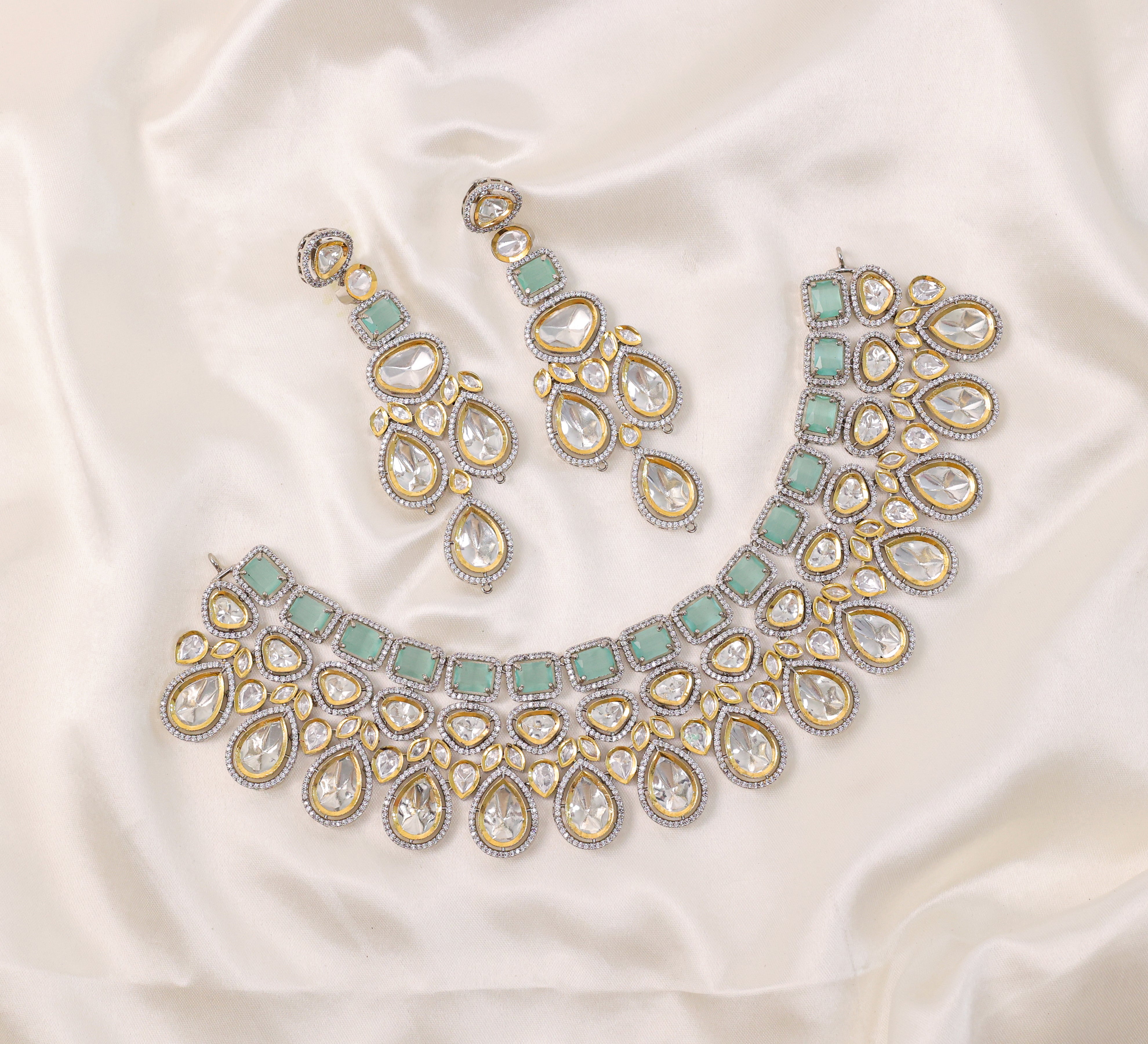 Victorian-Inspired Kundan Polki Necklace Set with Hydro Stones - Adisha Jewels