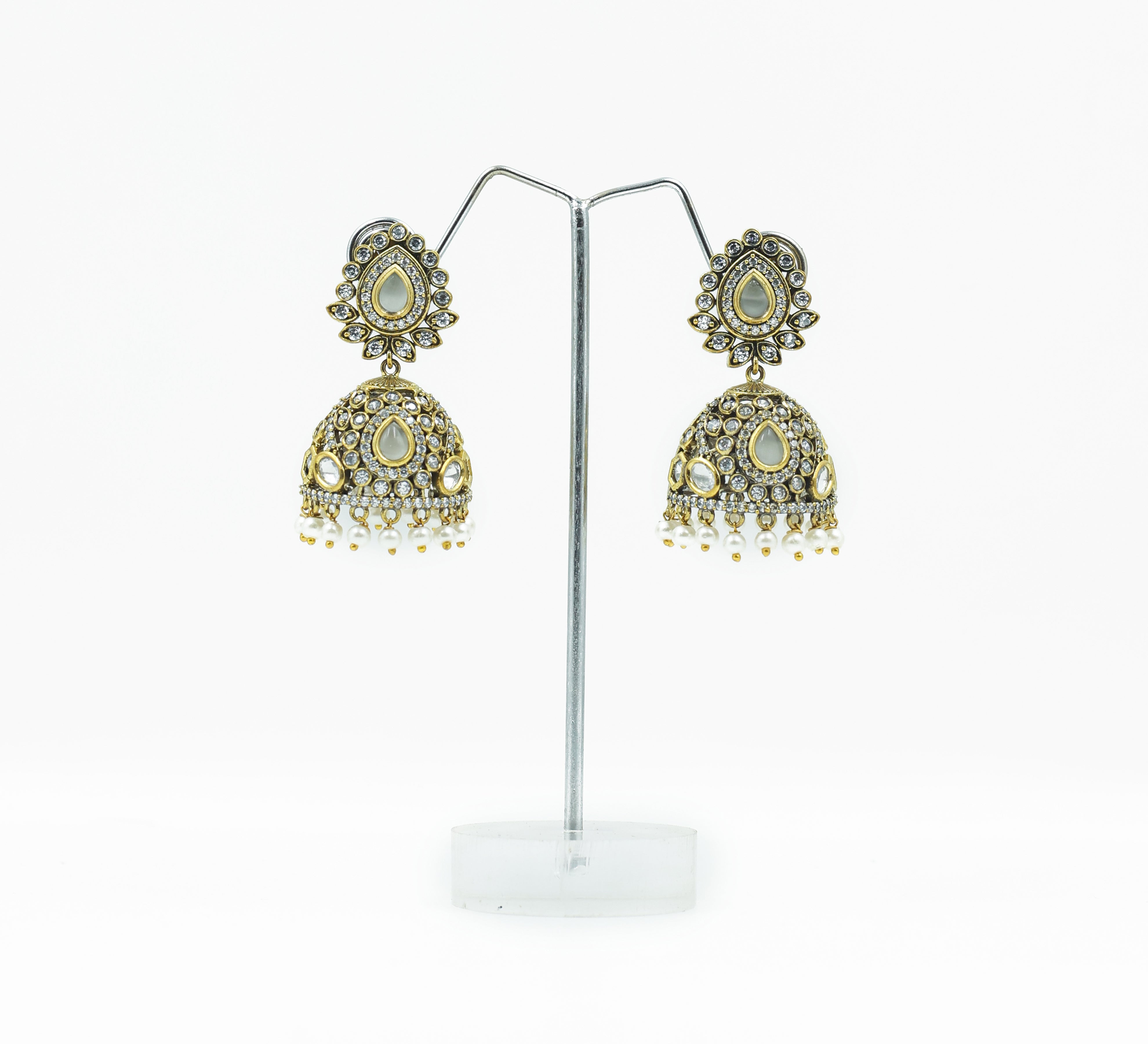 Silver Foil Victorian Jhumki Earrings with Kundan Polki and Hydro Stones - Adisha Jewels