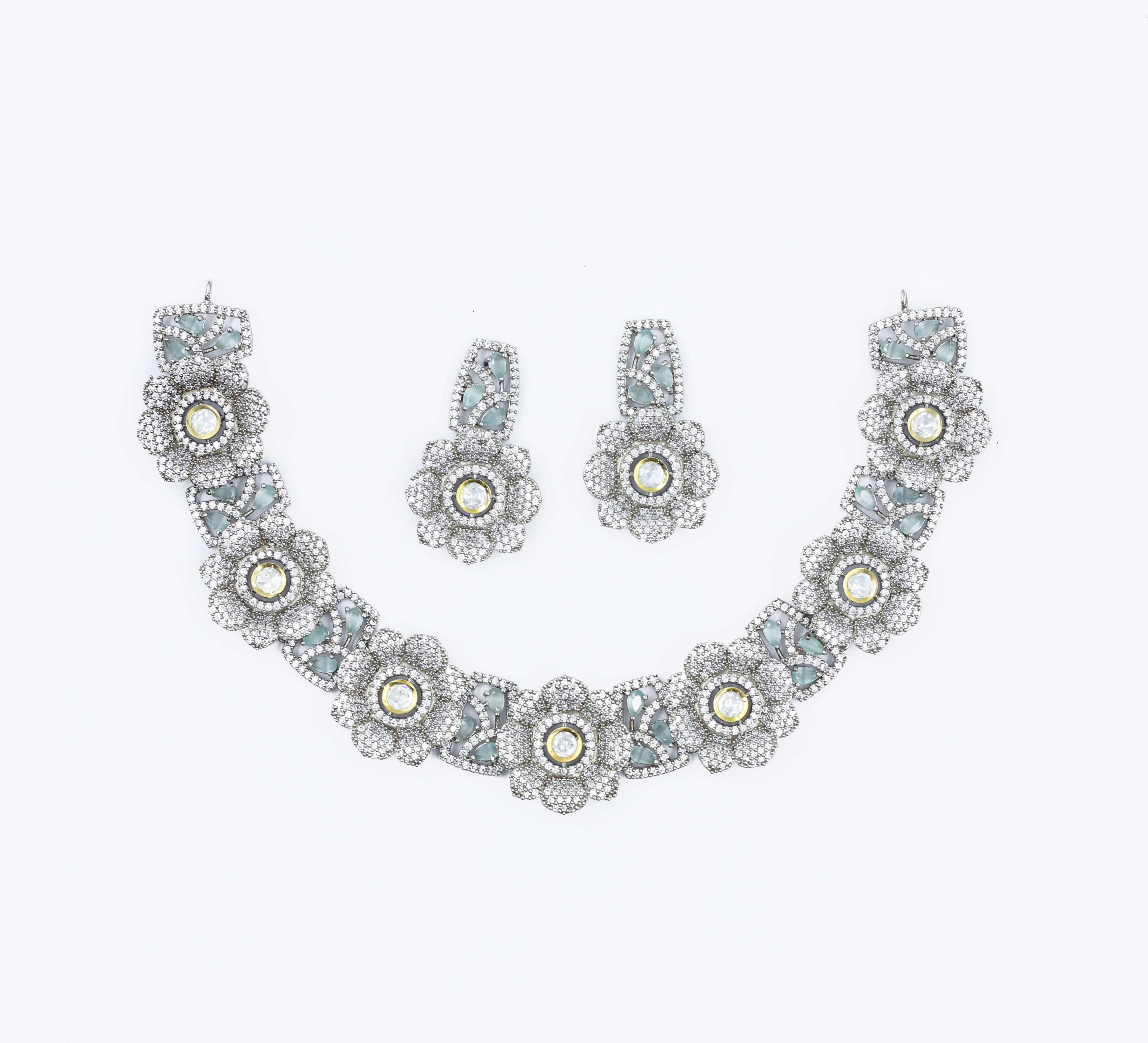 Kundan Polki and Hydro Stones Necklace Set in Antique Silver - Adisha Jewels