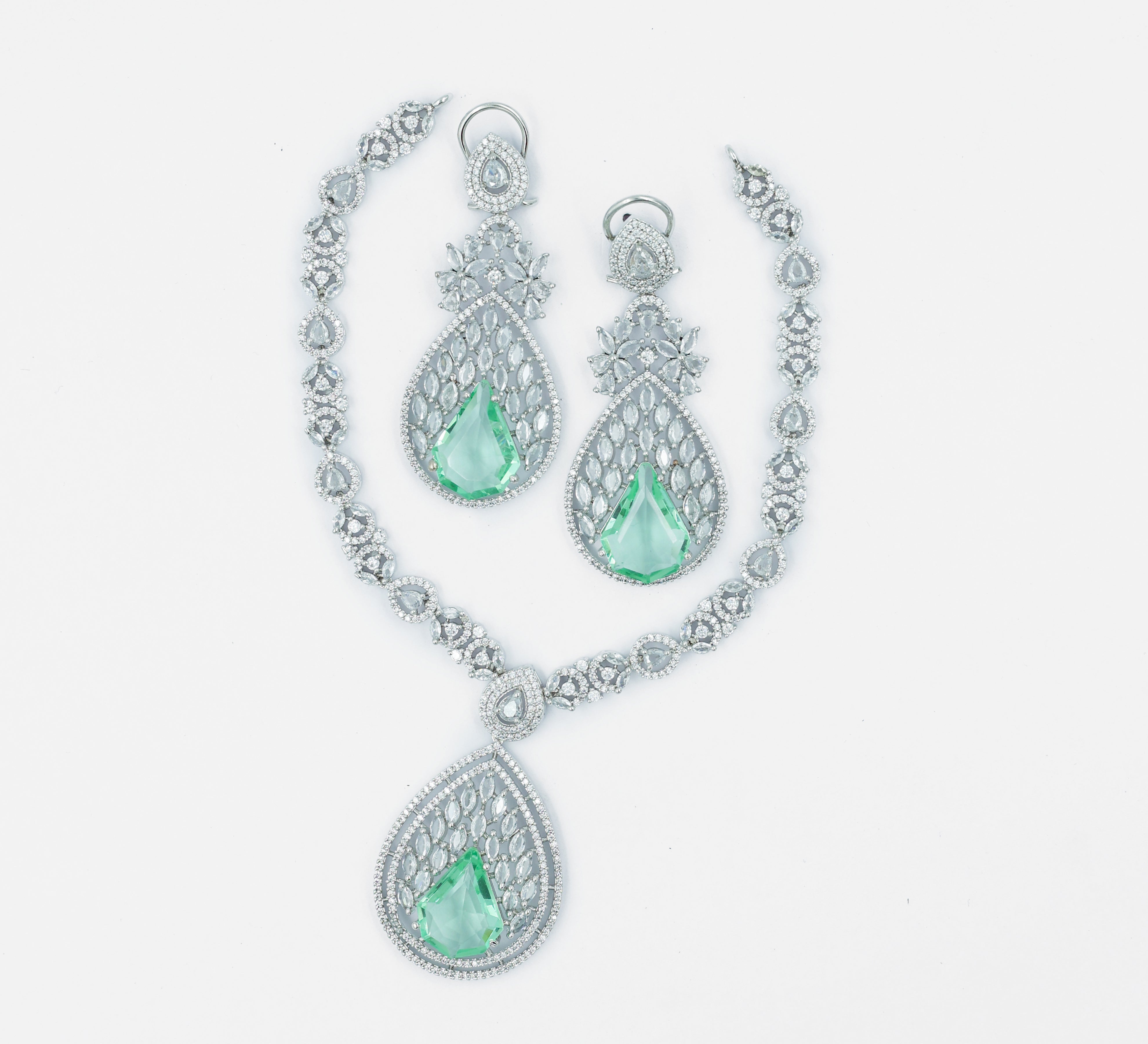 White Rhodium Necklace Set with Cubic Zirconia and Hydro Stones - Adisha Jewels