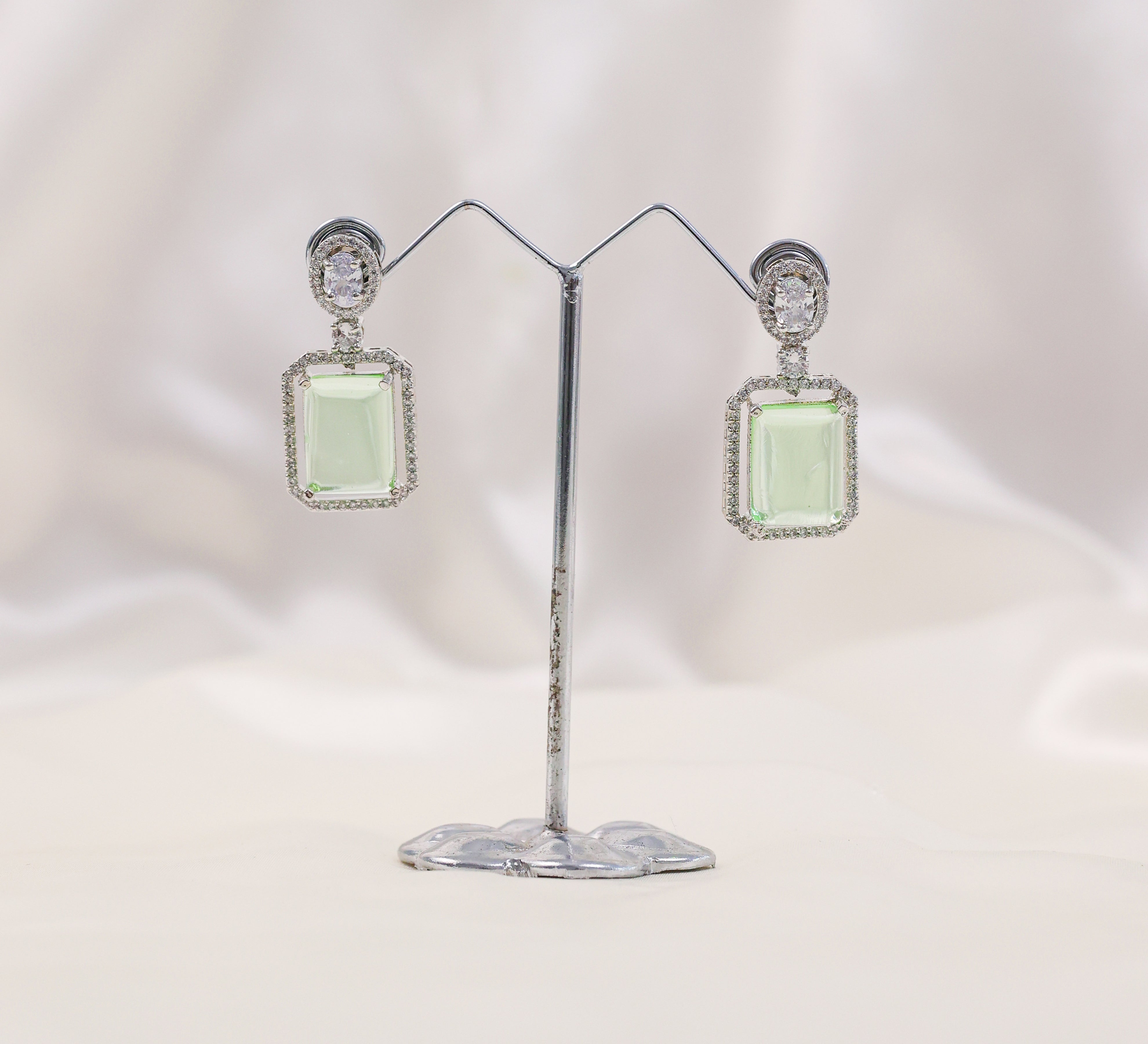 Earrings with Doublet Potta Stones and CZ Accents in White Rhodium - Adisha Jewels