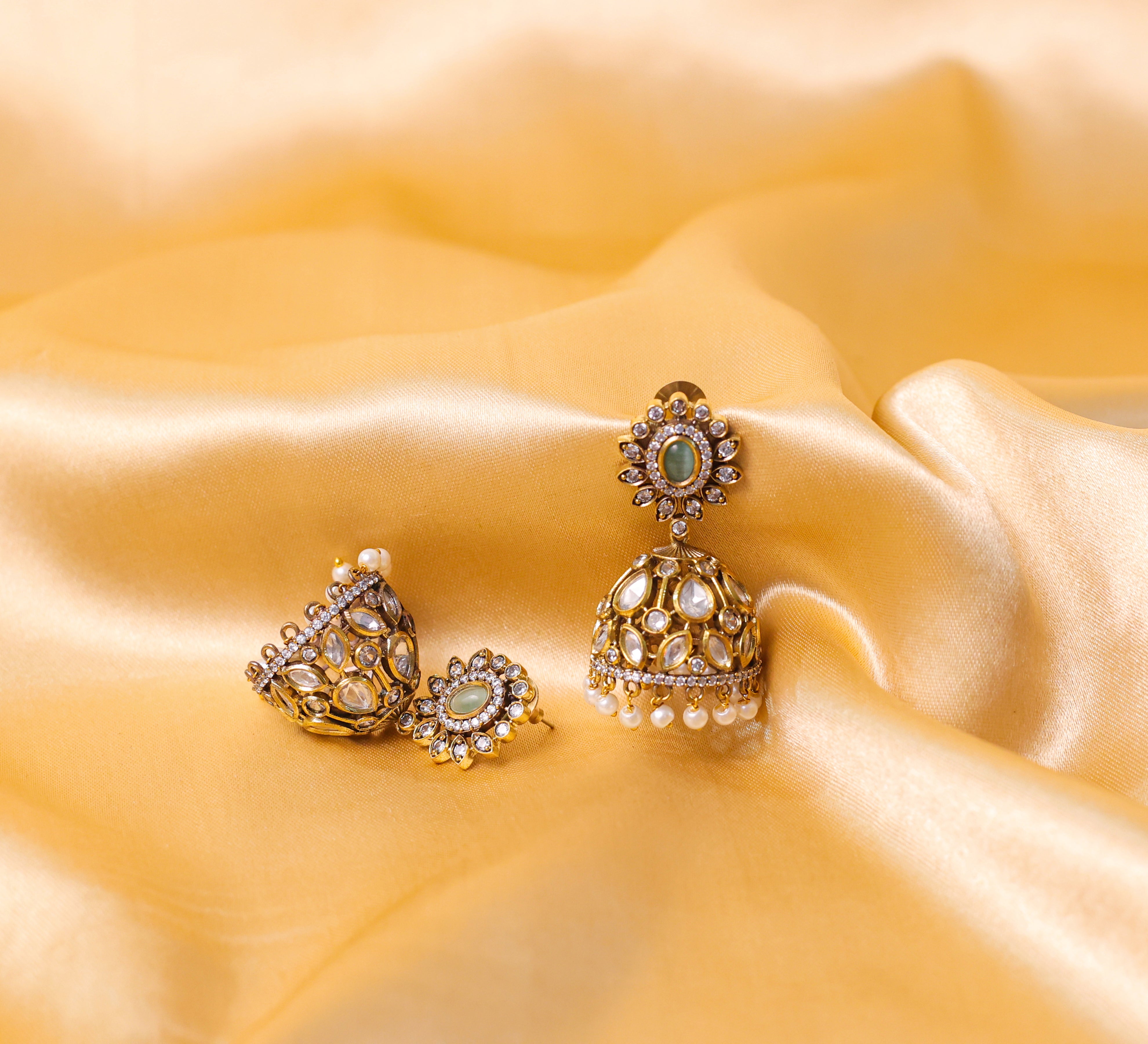 Silver Foil Victorian Jhumki Earrings with Kundan Polki and Hydro Stones - Adisha Jewels