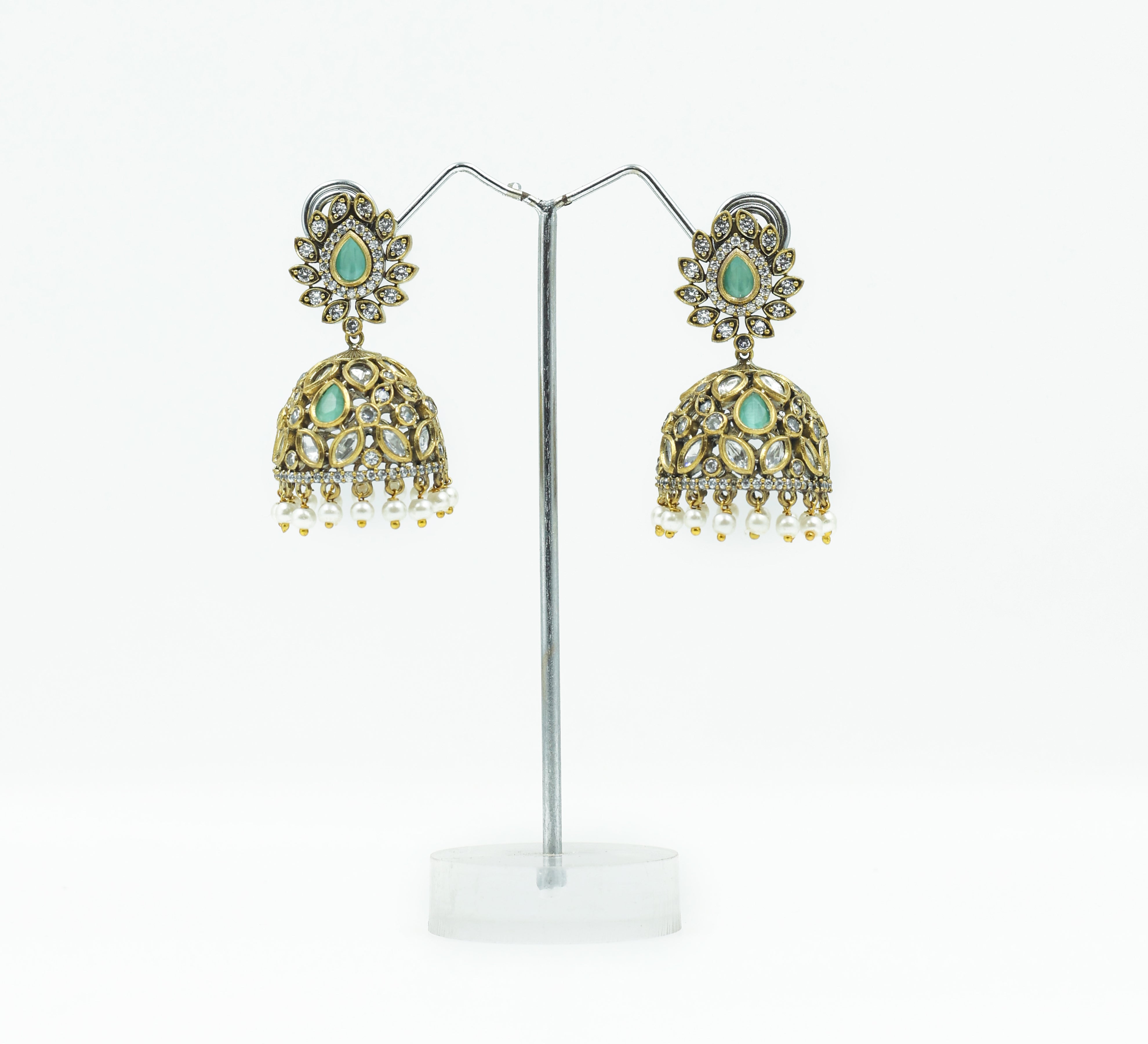 Silver Foil Victorian Jhumki Earrings with Kundan Polki and Hydro Stones - Adisha Jewels