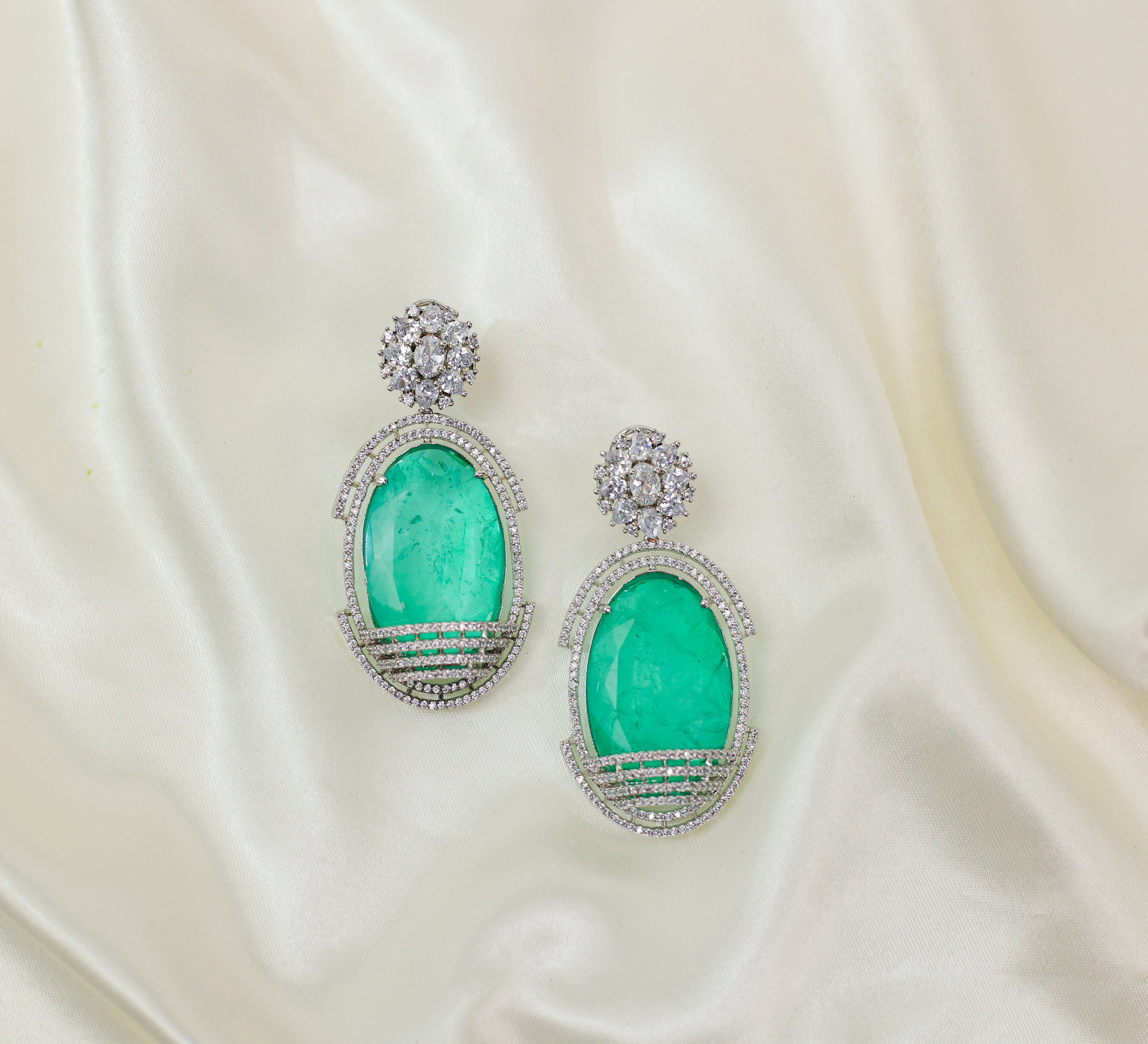 Doublet Stones Earrings with White Rhodium Plating - Adisha Jewels