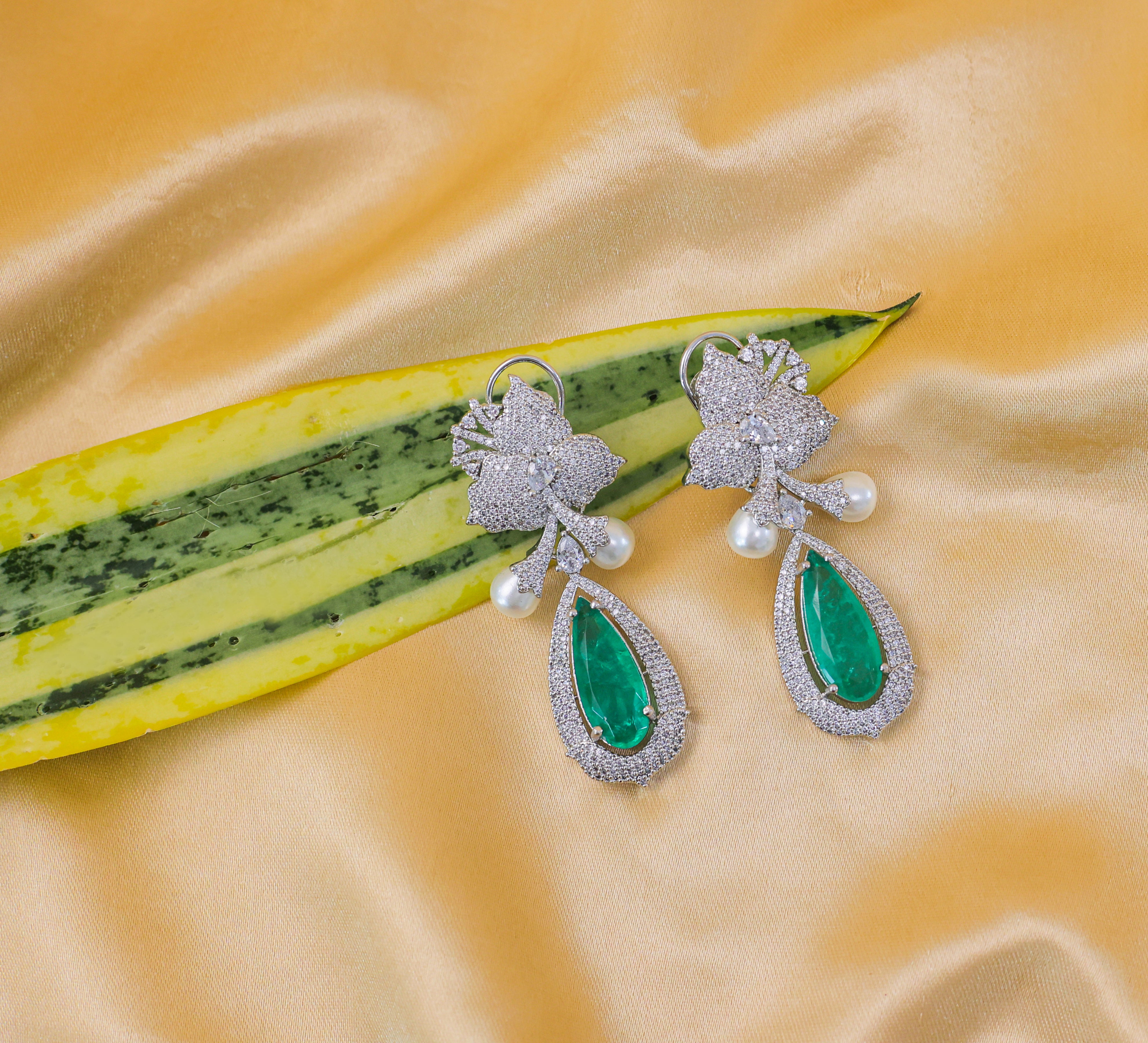 Beaded Earrings with Doublet Stones and CZ in White Rhodium - Adisha Jewels