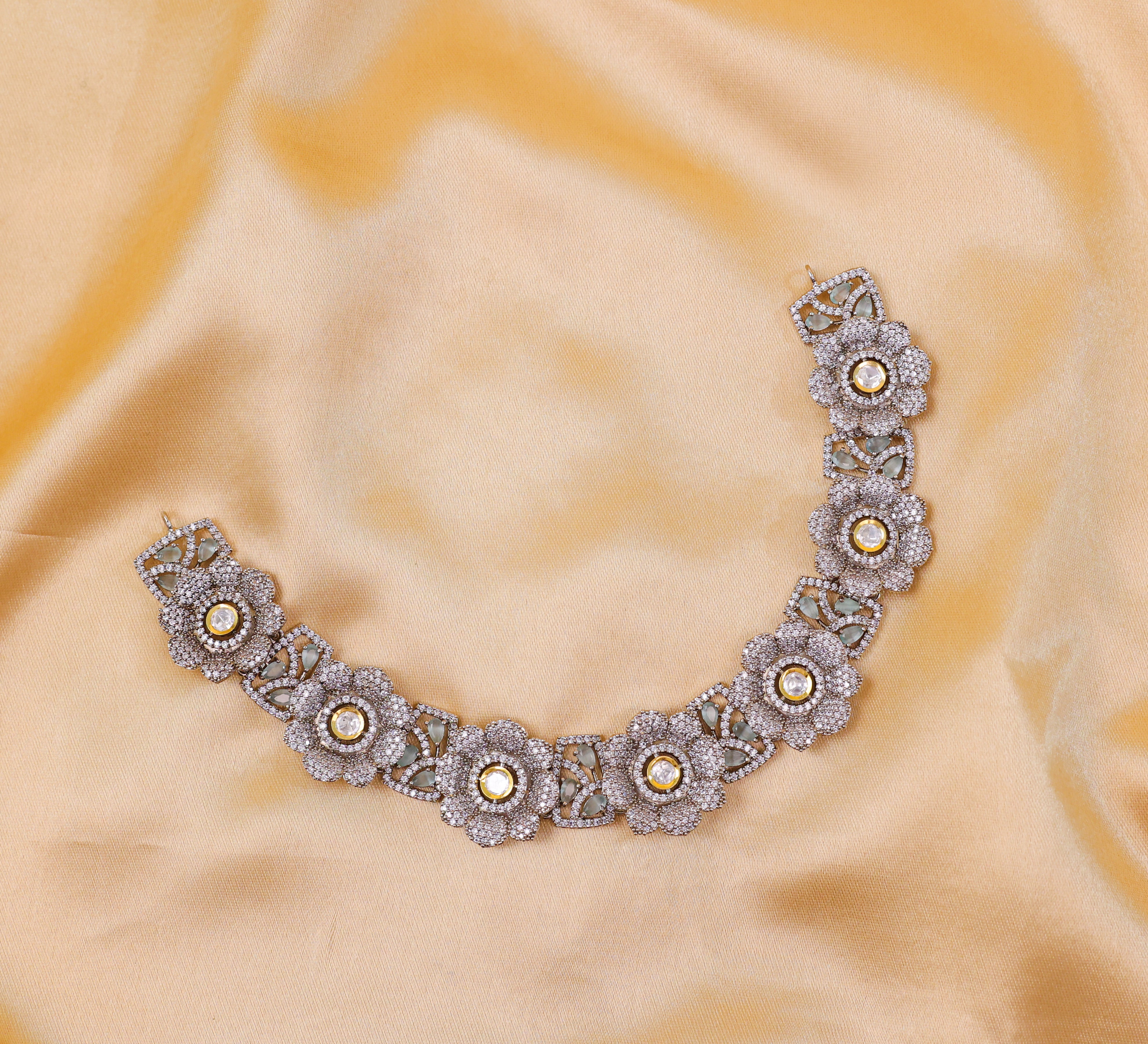 Kundan Polki and Hydro Stones Necklace Set in Antique Silver - Adisha Jewels