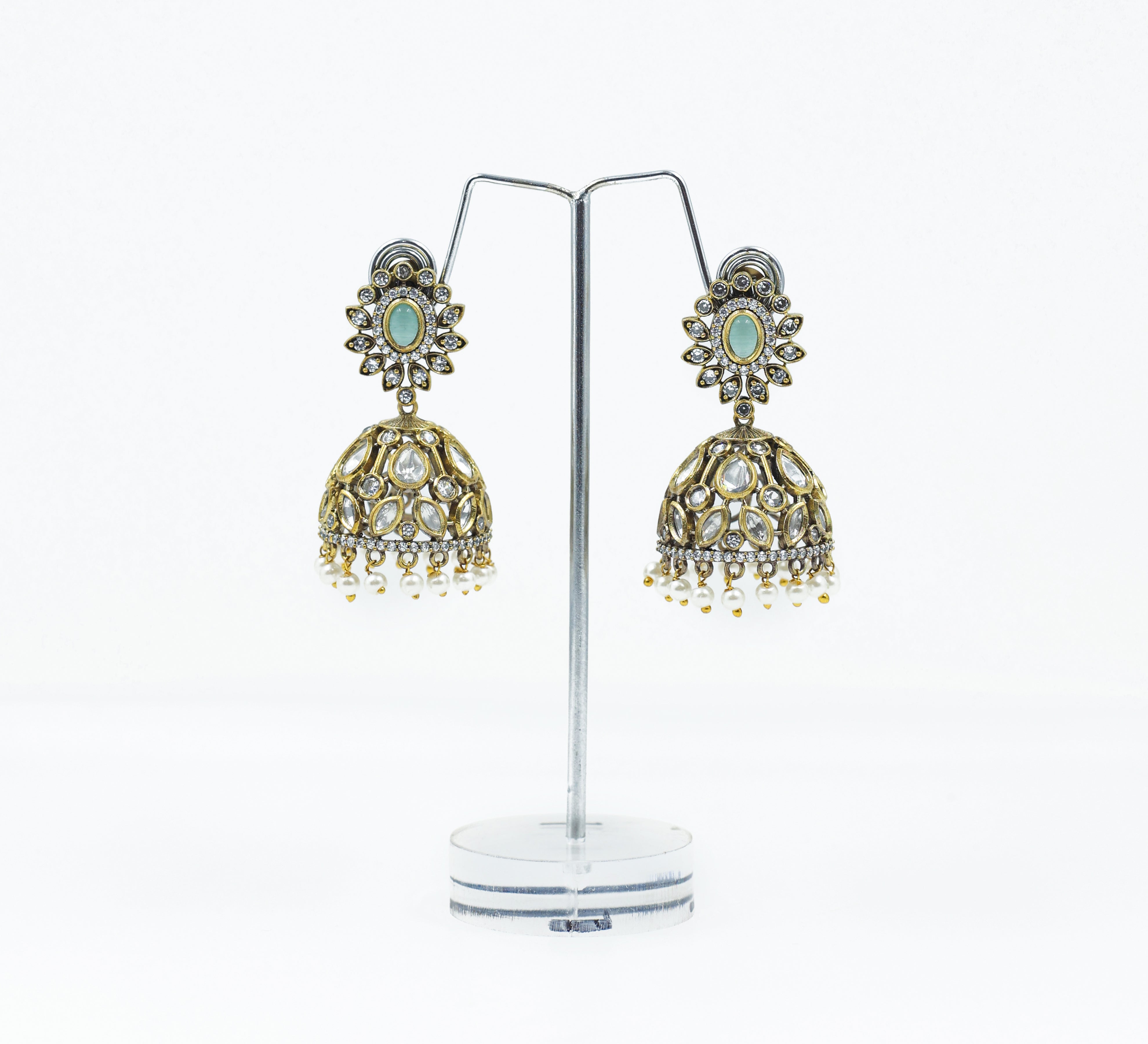 Silver Foil Victorian Jhumki Earrings with Kundan Polki and Hydro Stones - Adisha Jewels