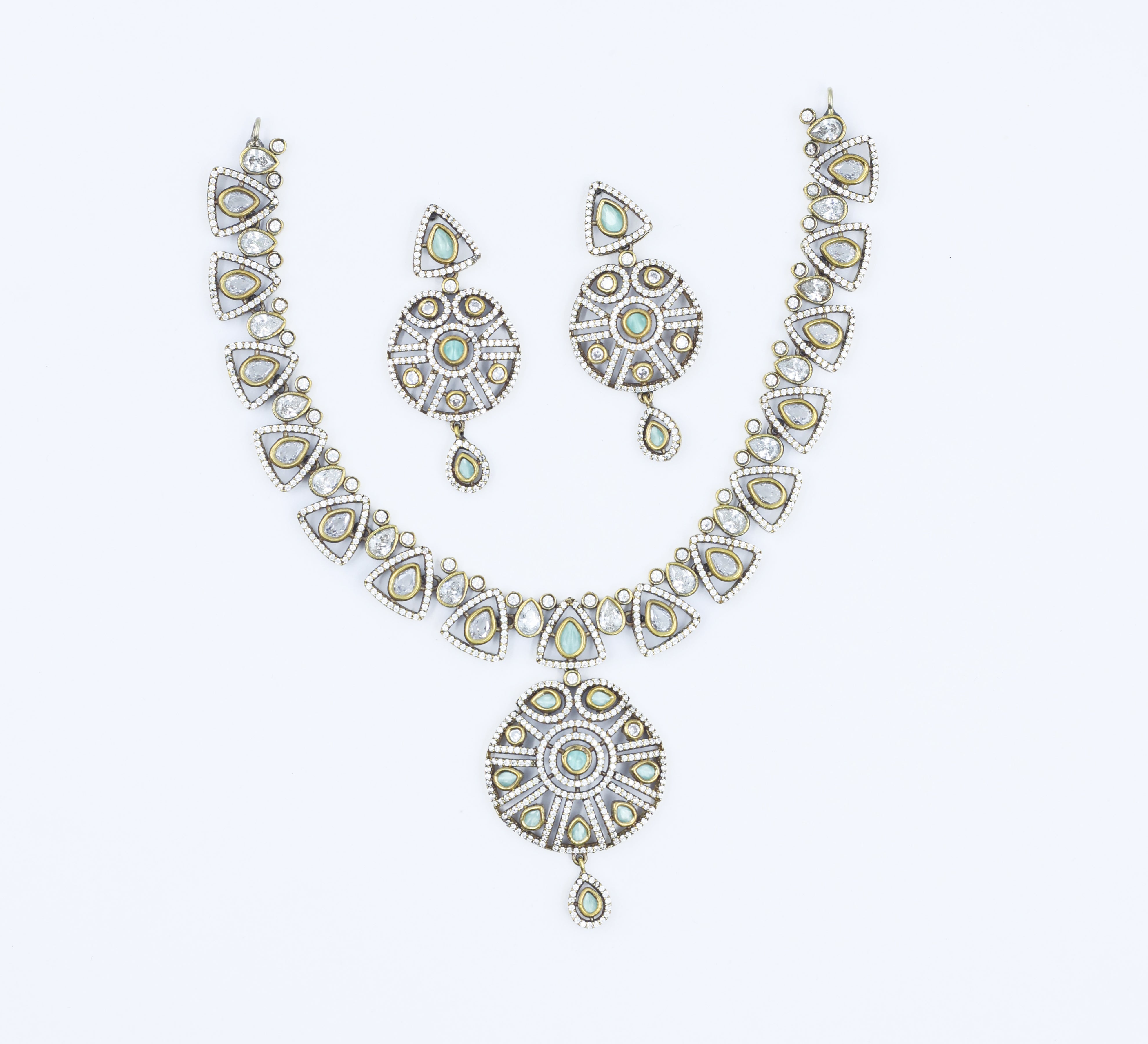 Victorian-Inspired Kundan Polki Necklace Set with Hydro Stones - Adisha Jewels