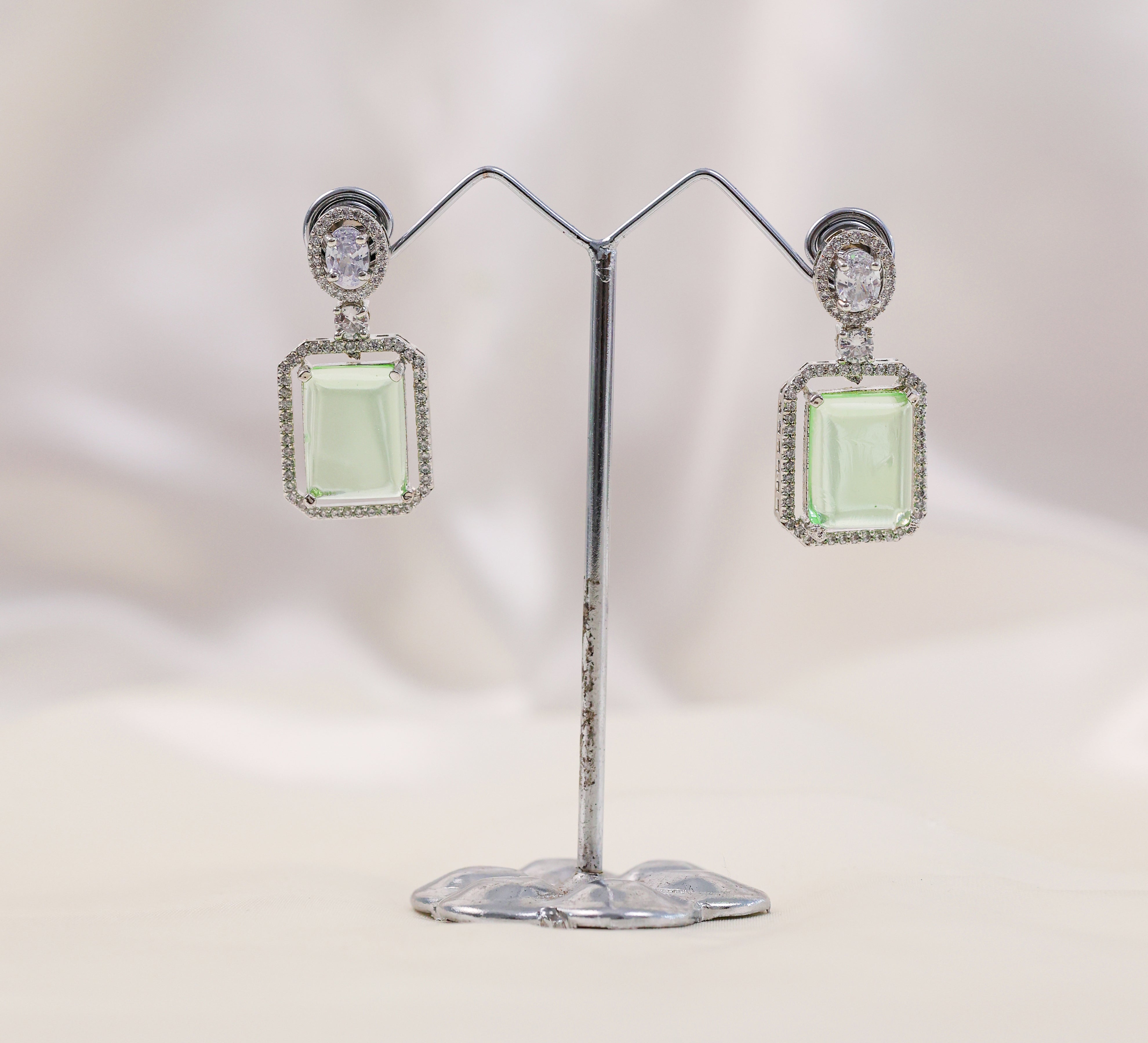 Earrings with Doublet Potta Stones and CZ Accents in White Rhodium - Adisha Jewels