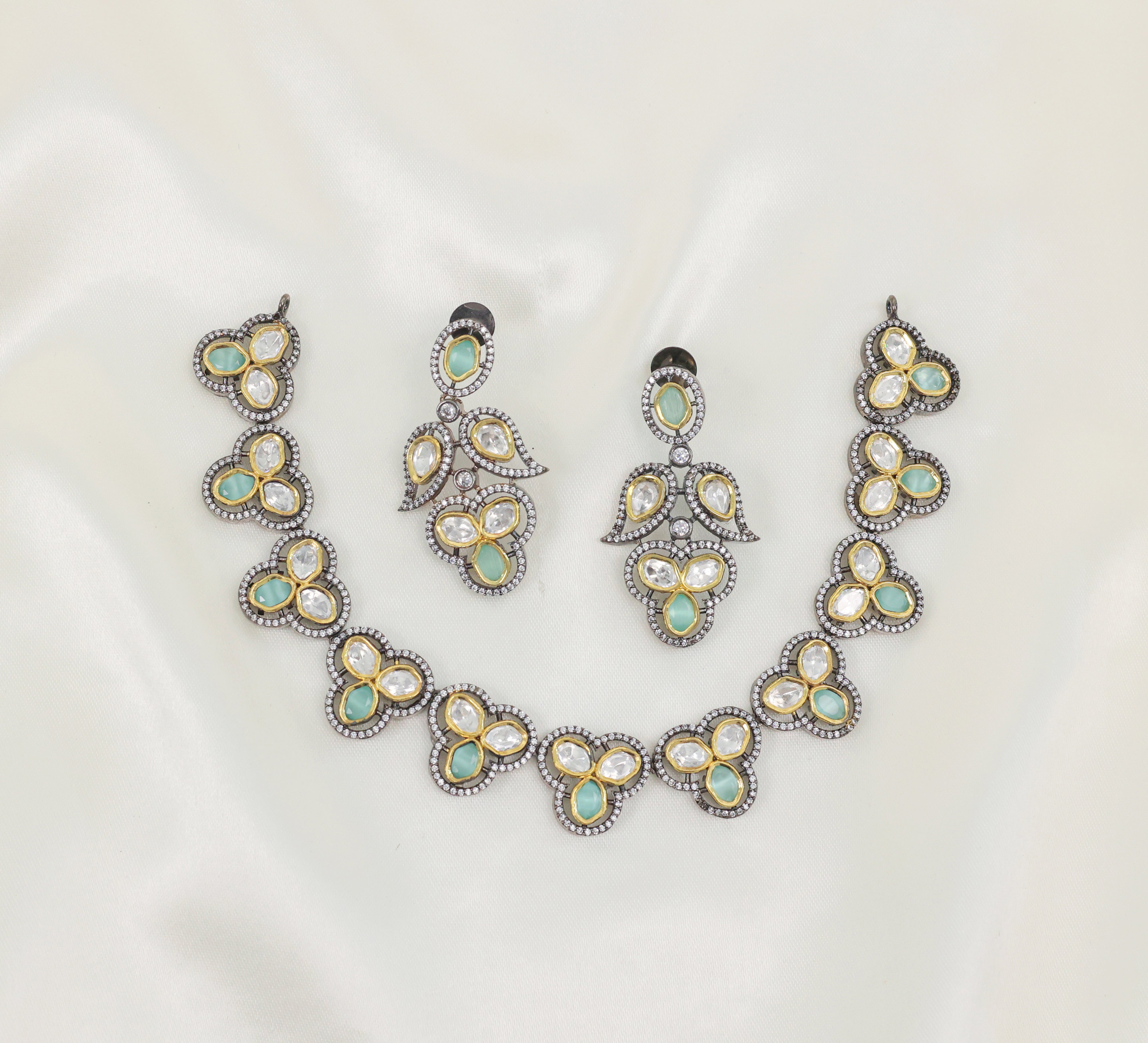 Victorian-Inspired Necklace Set with Hydro Stones & Kundan Polki - Adisha Jewels