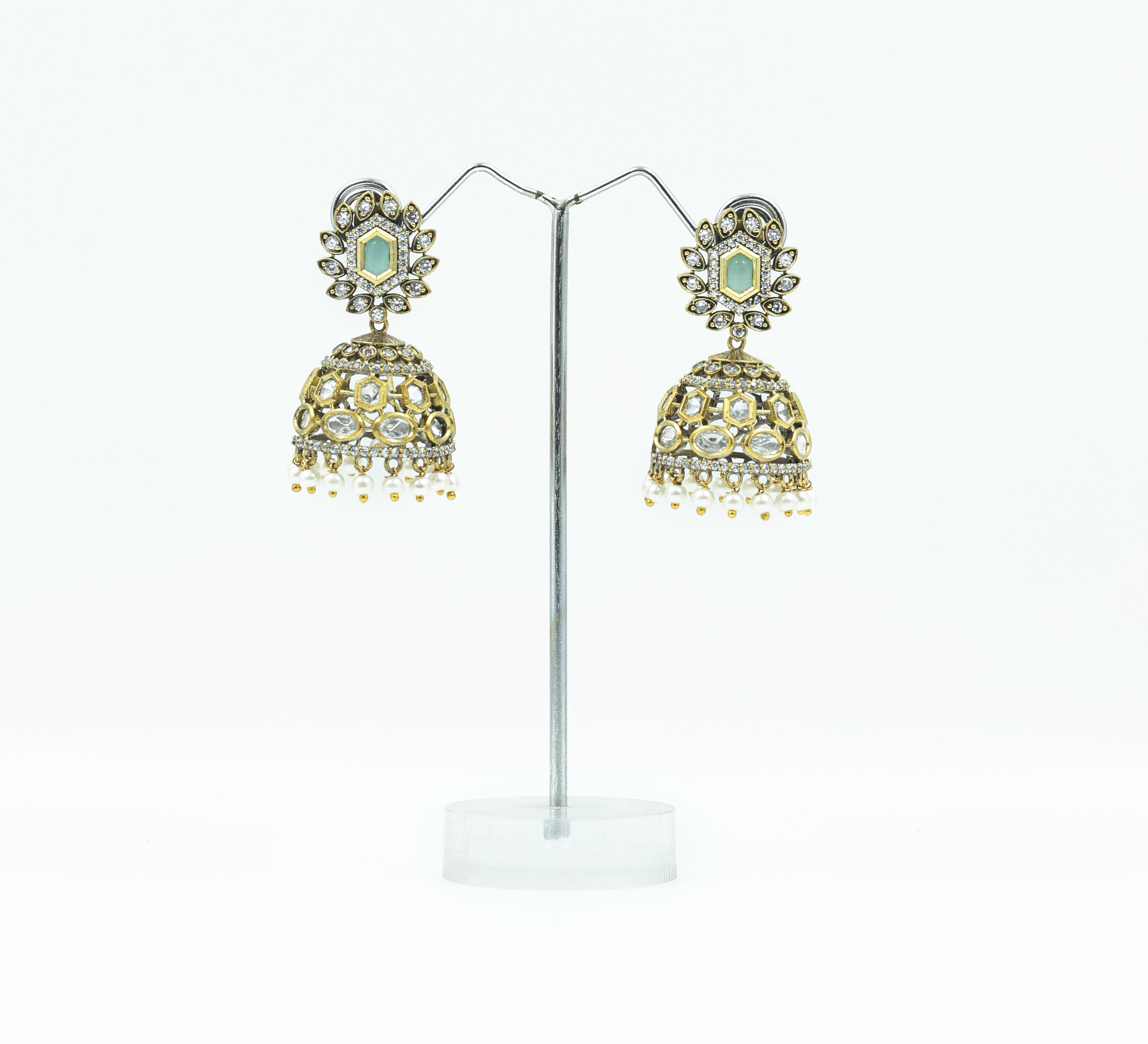 Silver Foil Victorian Jhumki Earrings with Kundan Polki and Hydro Stones - Adisha Jewels