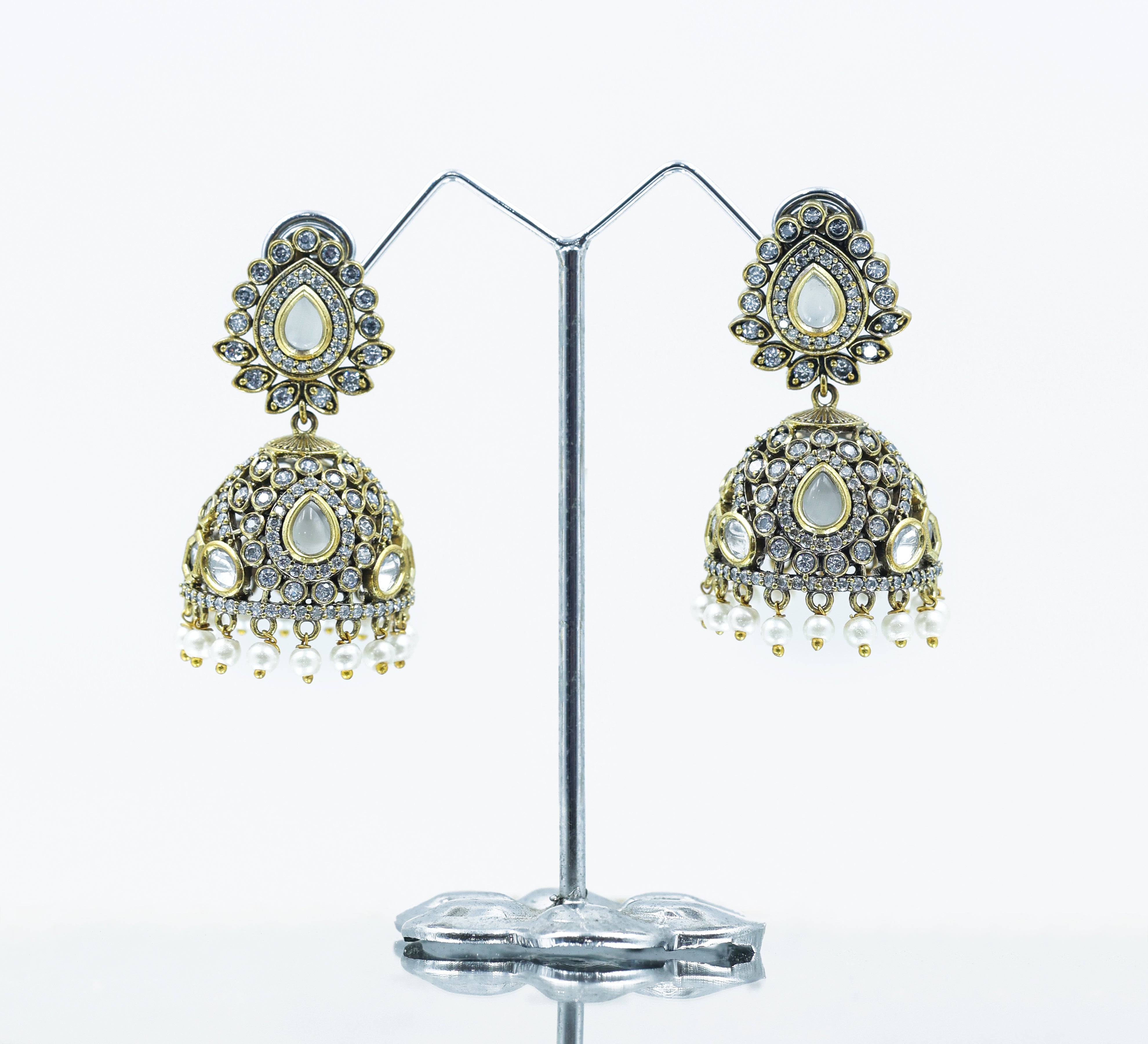 Silver Foil Victorian Jhumki Earrings with Kundan Polki and Hydro Stones - Adisha Jewels