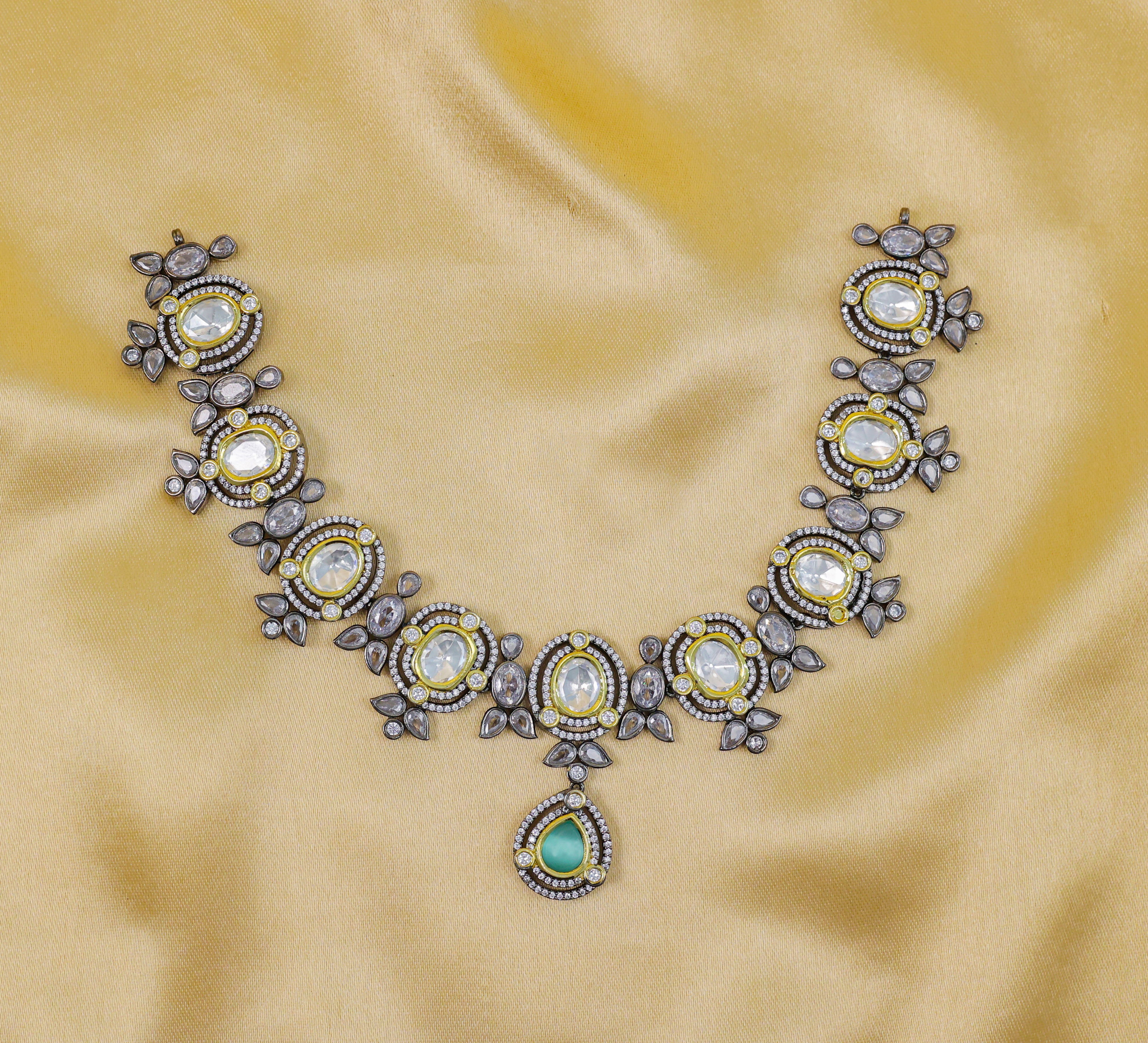 Victorian-Inspired Necklace Set with Hydro Stones & Kundan Polki - Adisha Jewels