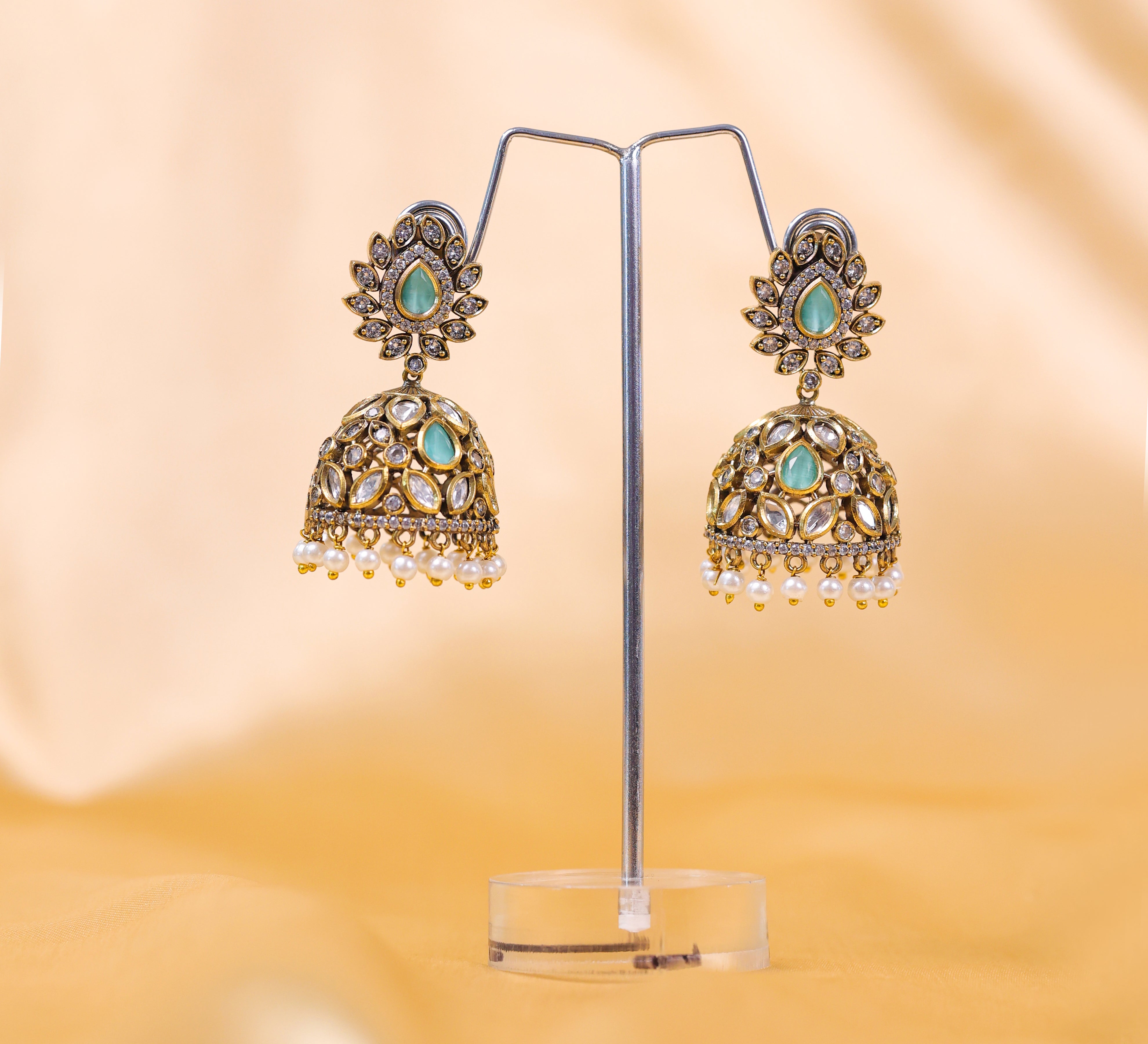 Silver Foil Victorian Jhumki Earrings with Kundan Polki and Hydro Stones - Adisha Jewels