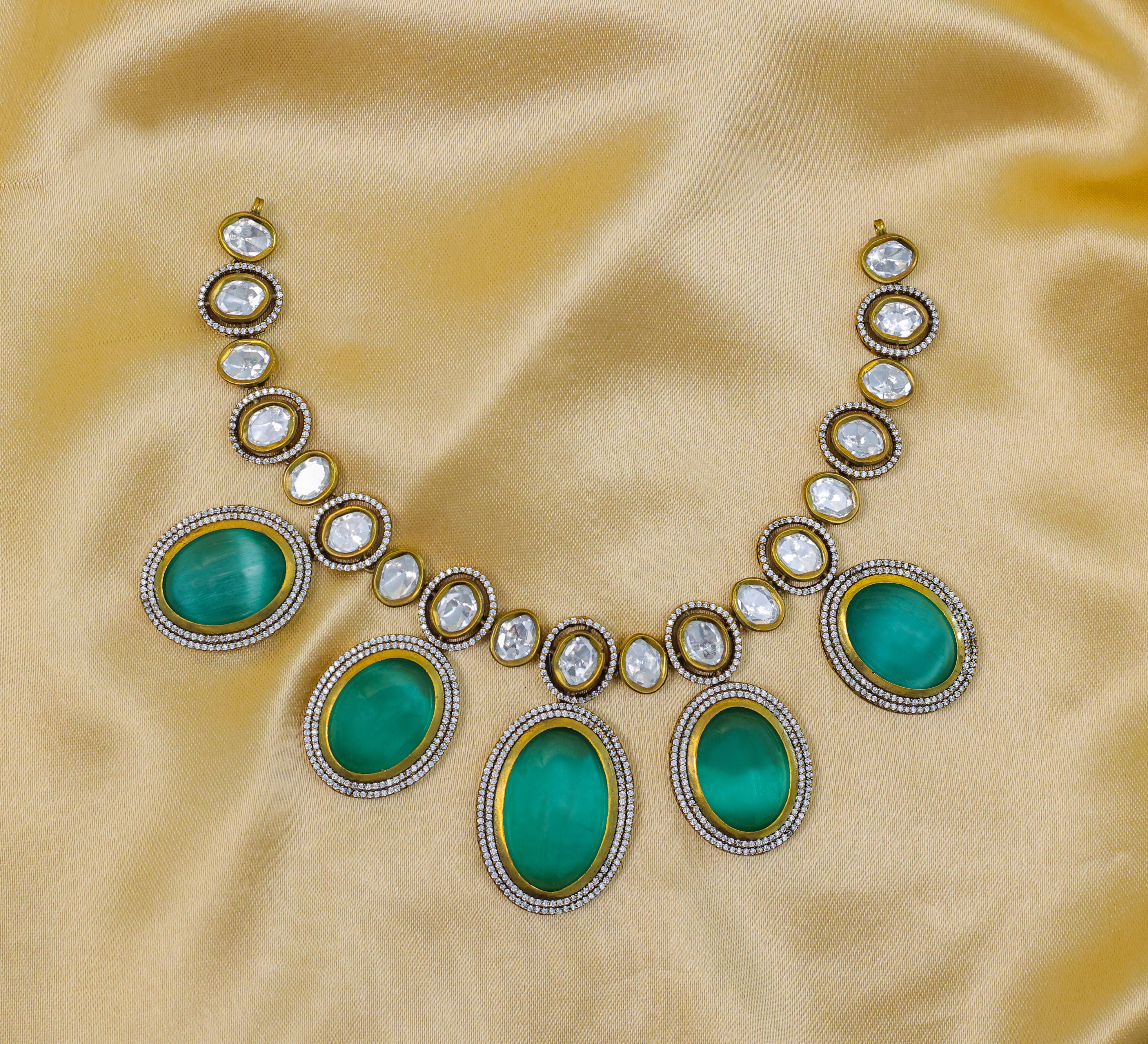 Victorian-Inspired Necklace Set with Hydro Stones & Kundan Polki - Adisha Jewels