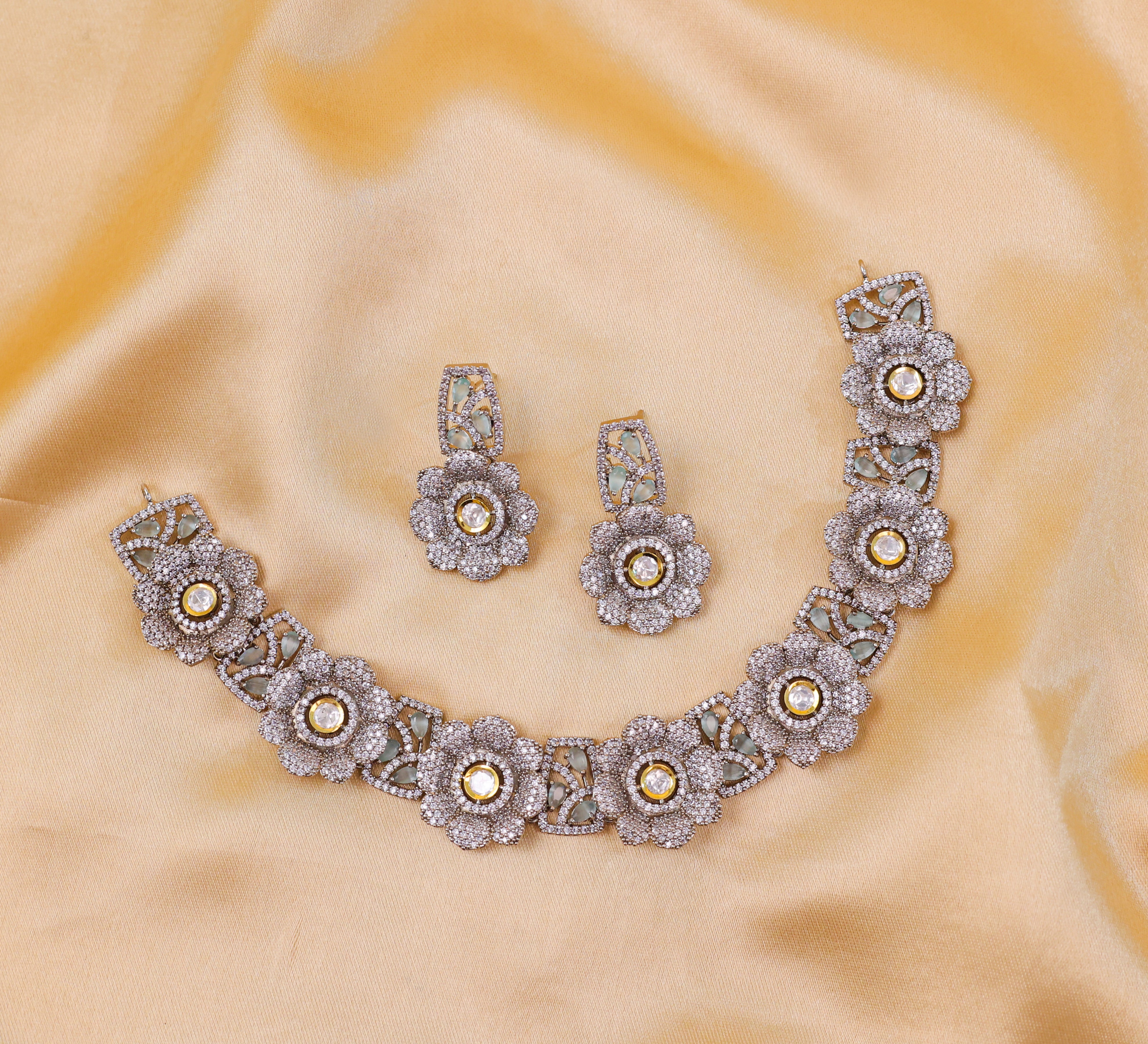 Kundan Polki and Hydro Stones Necklace Set in Antique Silver - Adisha Jewels