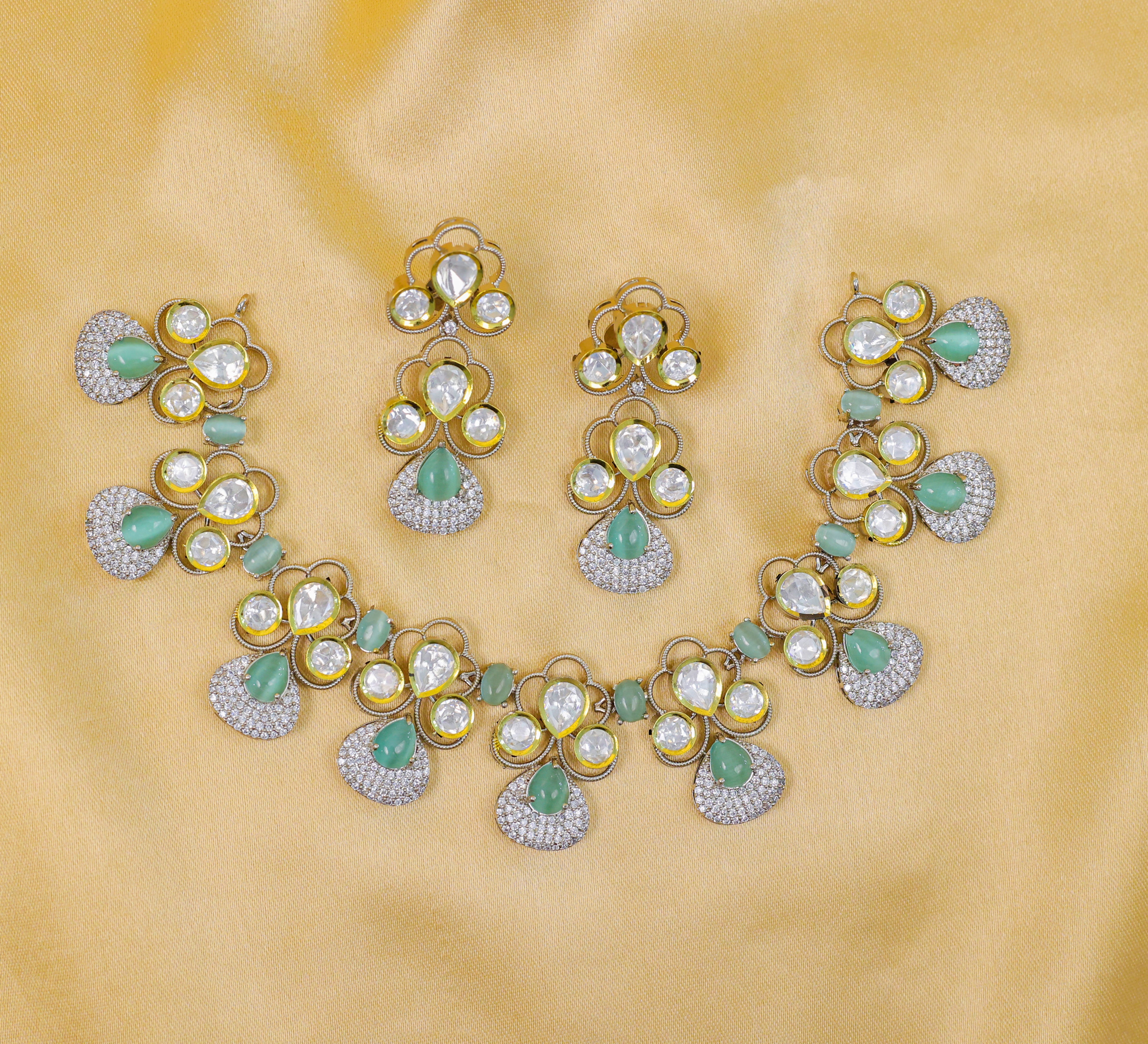 Victorian-Inspired Necklace Set with Hydro Stones & Kundan Polki - Adisha Jewels