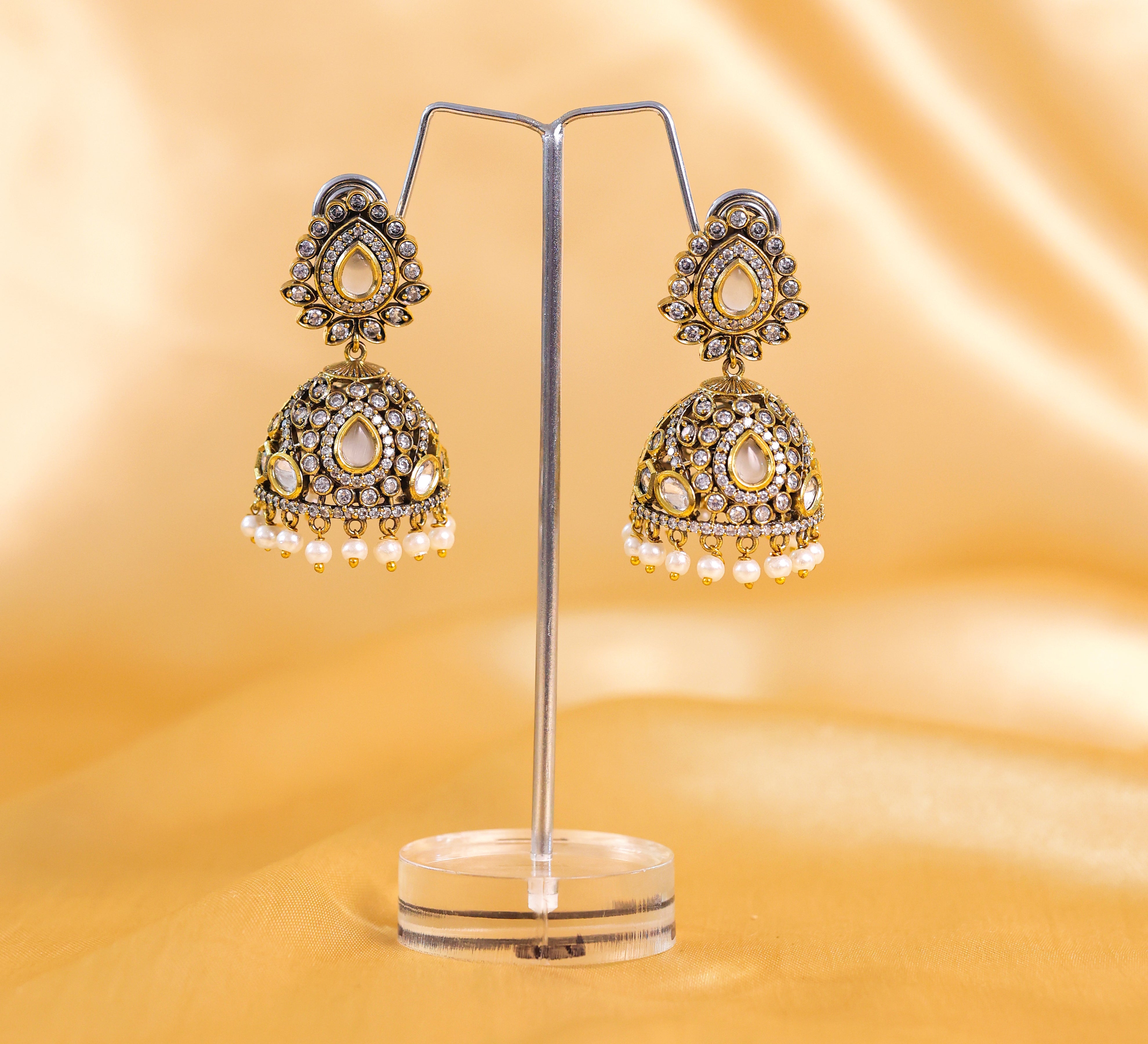 Silver Foil Victorian Jhumki Earrings with Kundan Polki and Hydro Stones - Adisha Jewels