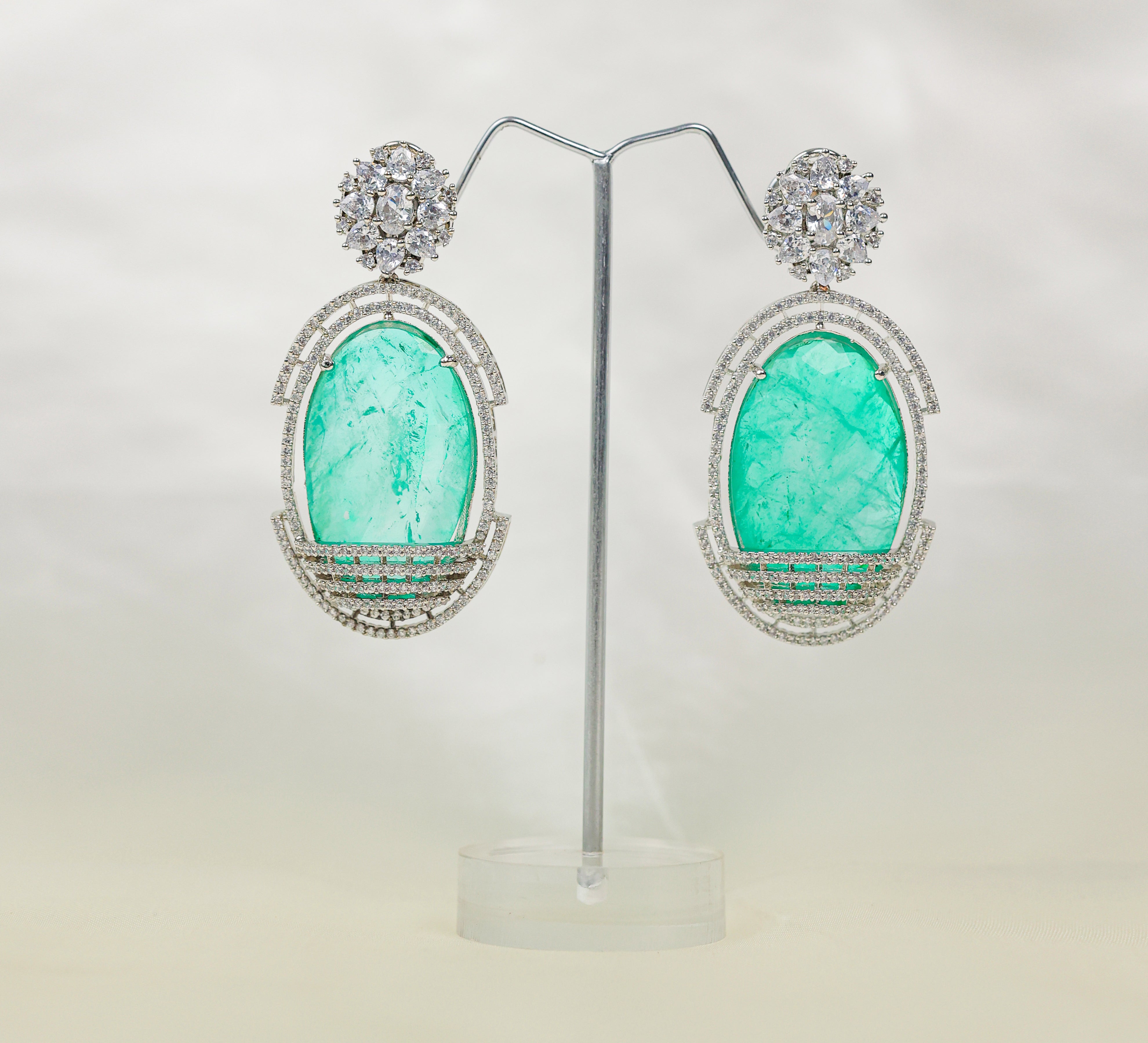 Doublet Stones Earrings with White Rhodium Plating - Adisha Jewels