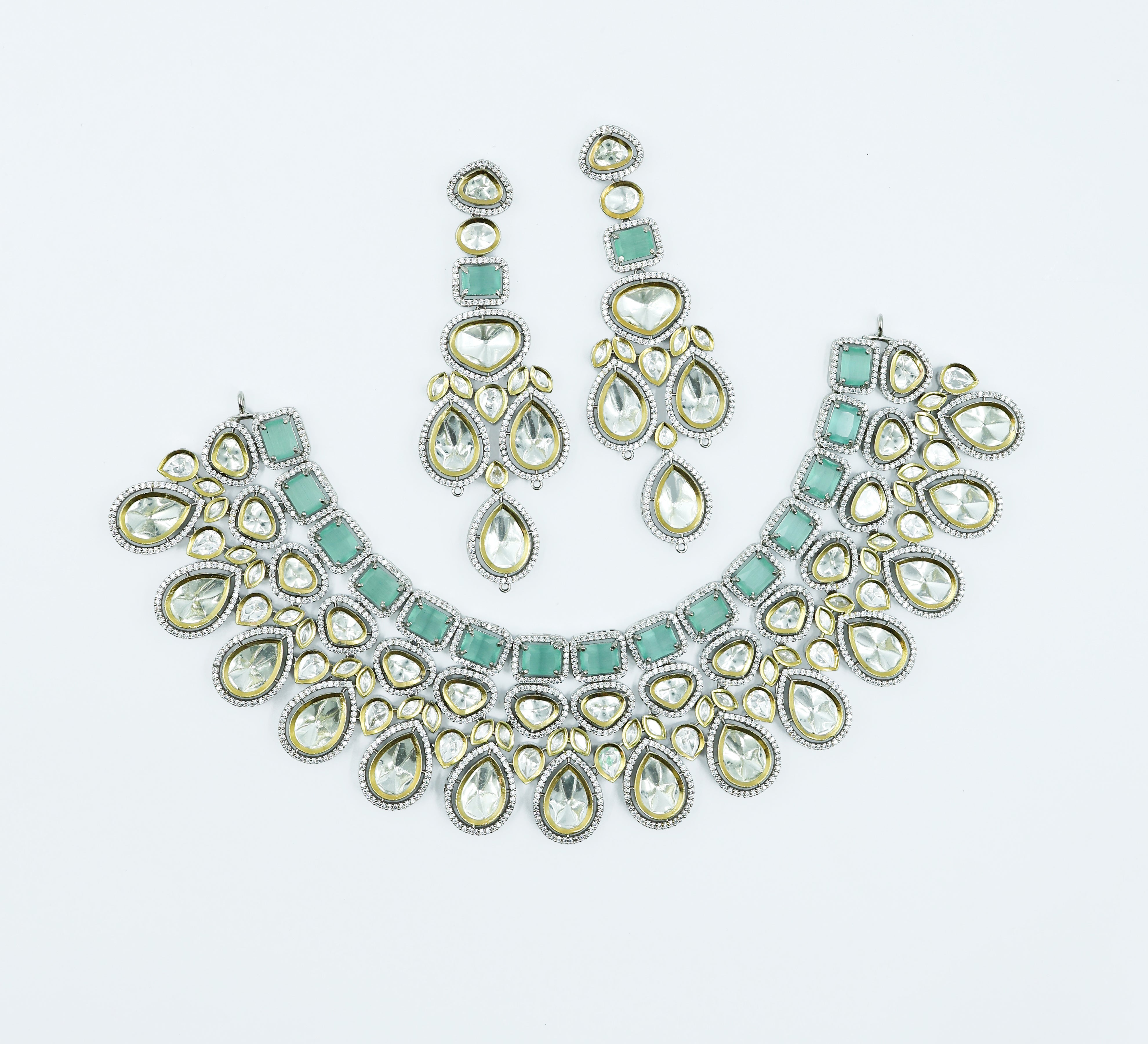 Victorian-Inspired Kundan Polki Necklace Set with Hydro Stones - Adisha Jewels