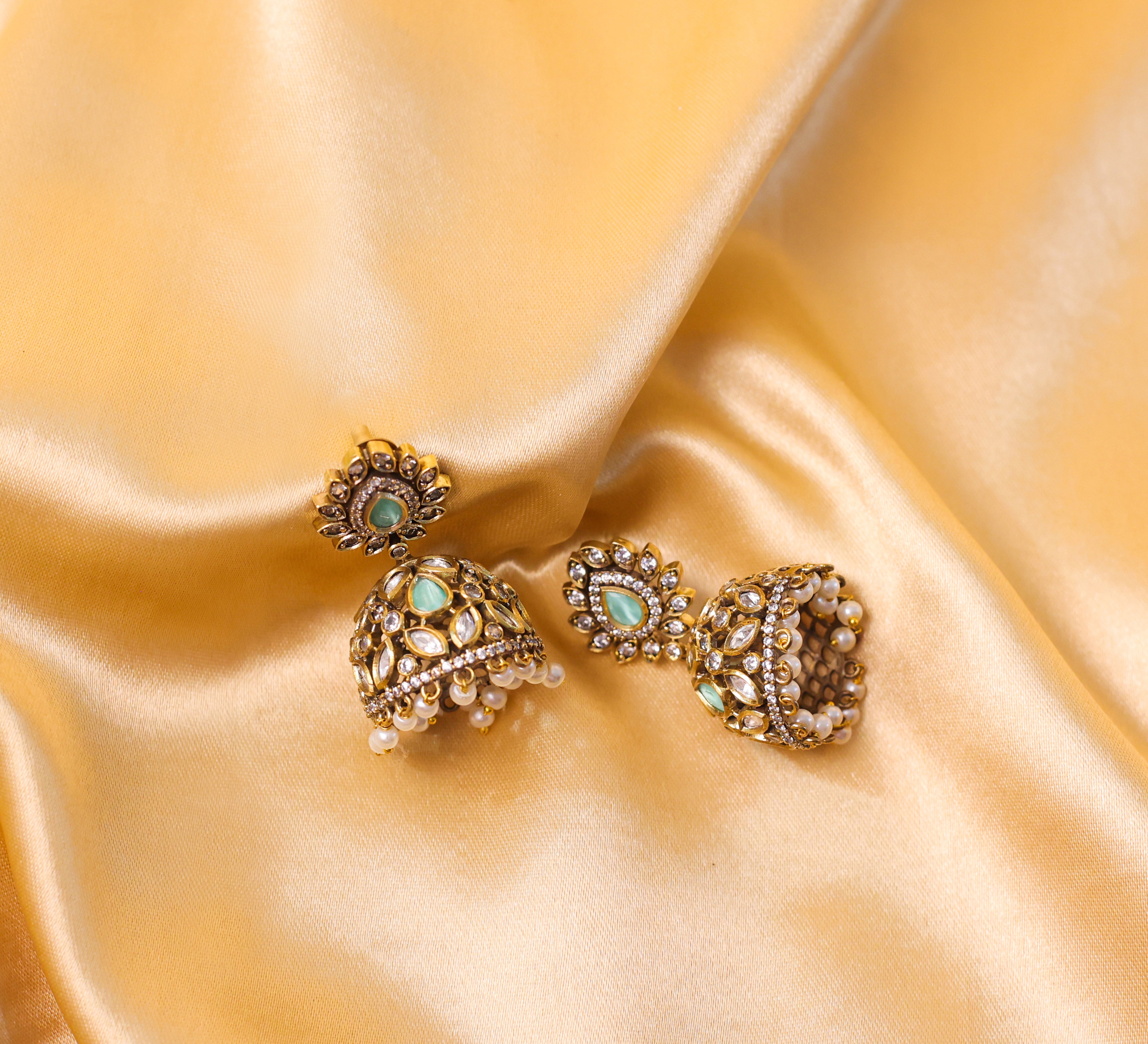 Silver Foil Victorian Jhumki Earrings with Kundan Polki and Hydro Stones - Adisha Jewels