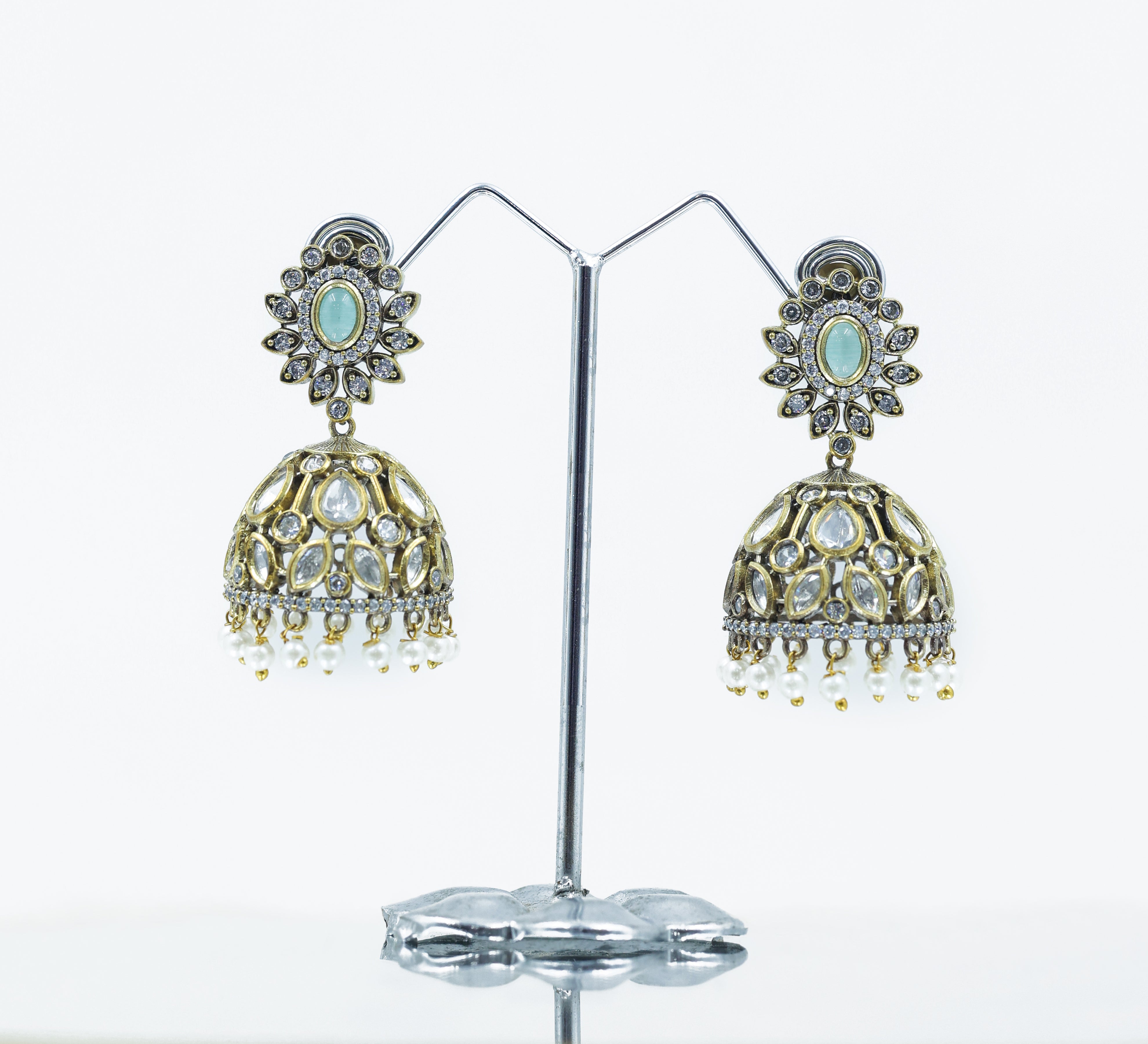 Silver Foil Victorian Jhumki Earrings with Kundan Polki and Hydro Stones - Adisha Jewels