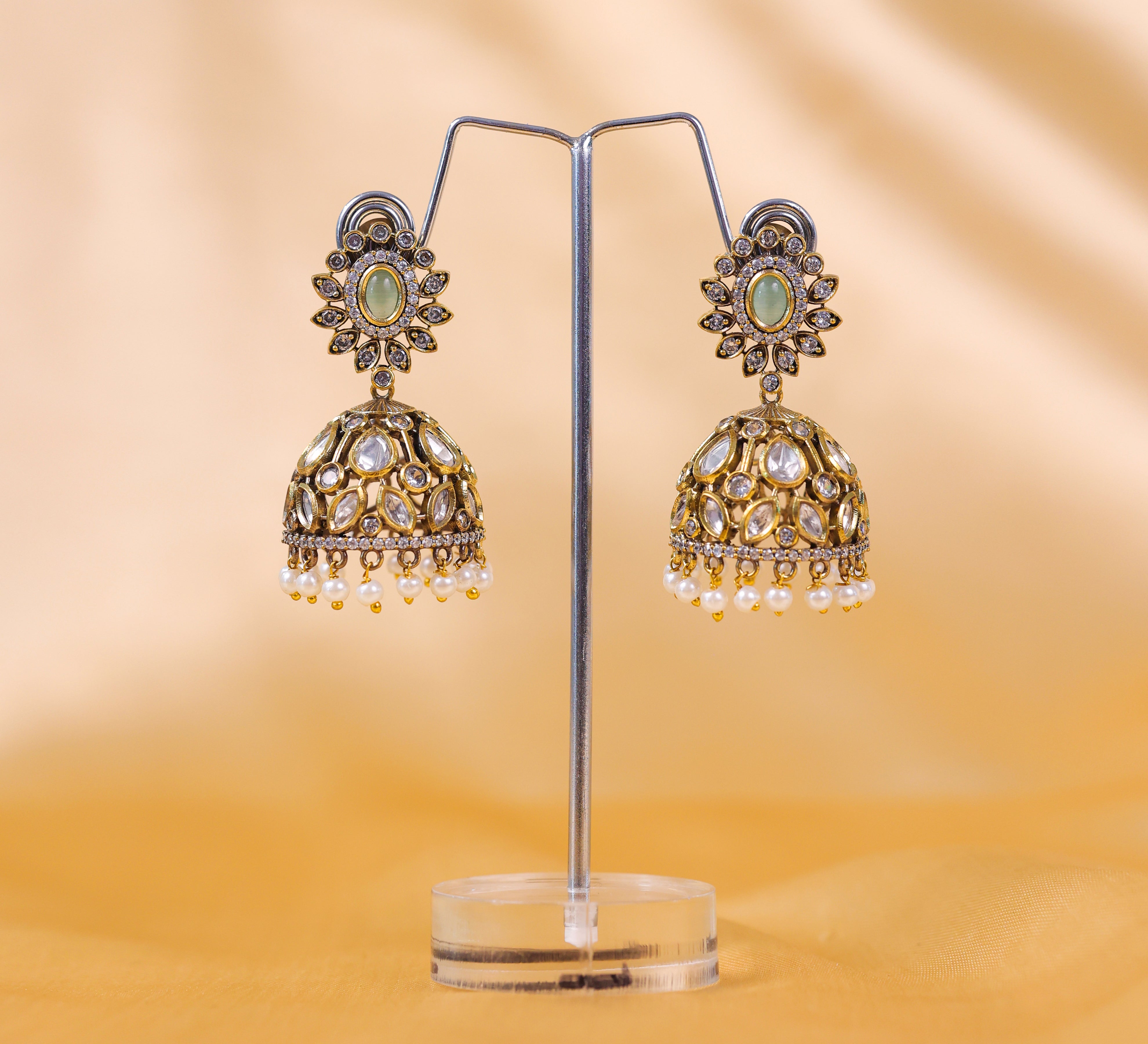 Silver Foil Victorian Jhumki Earrings with Kundan Polki and Hydro Stones - Adisha Jewels