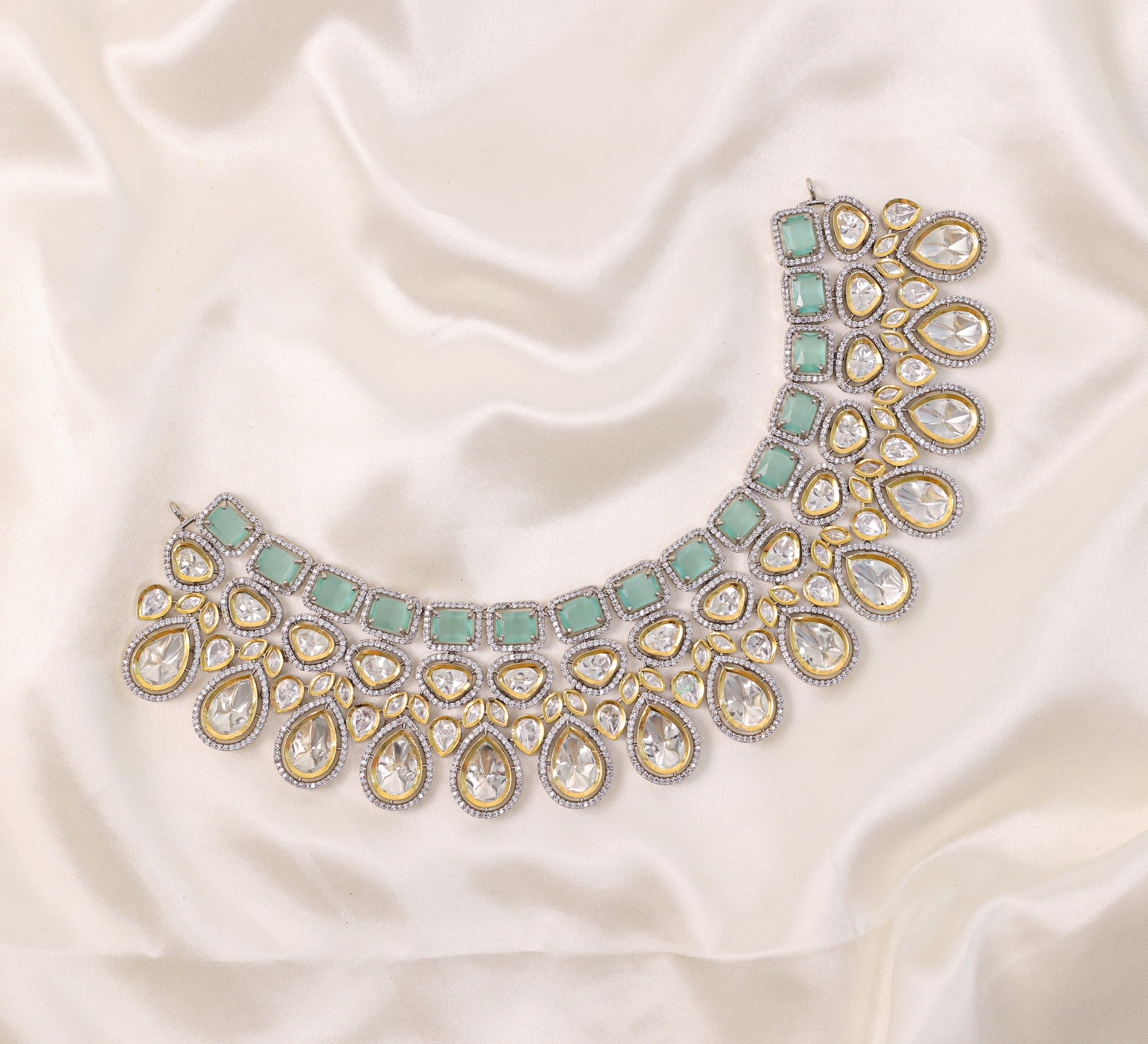 Victorian-Inspired Kundan Polki Necklace Set with Hydro Stones - Adisha Jewels