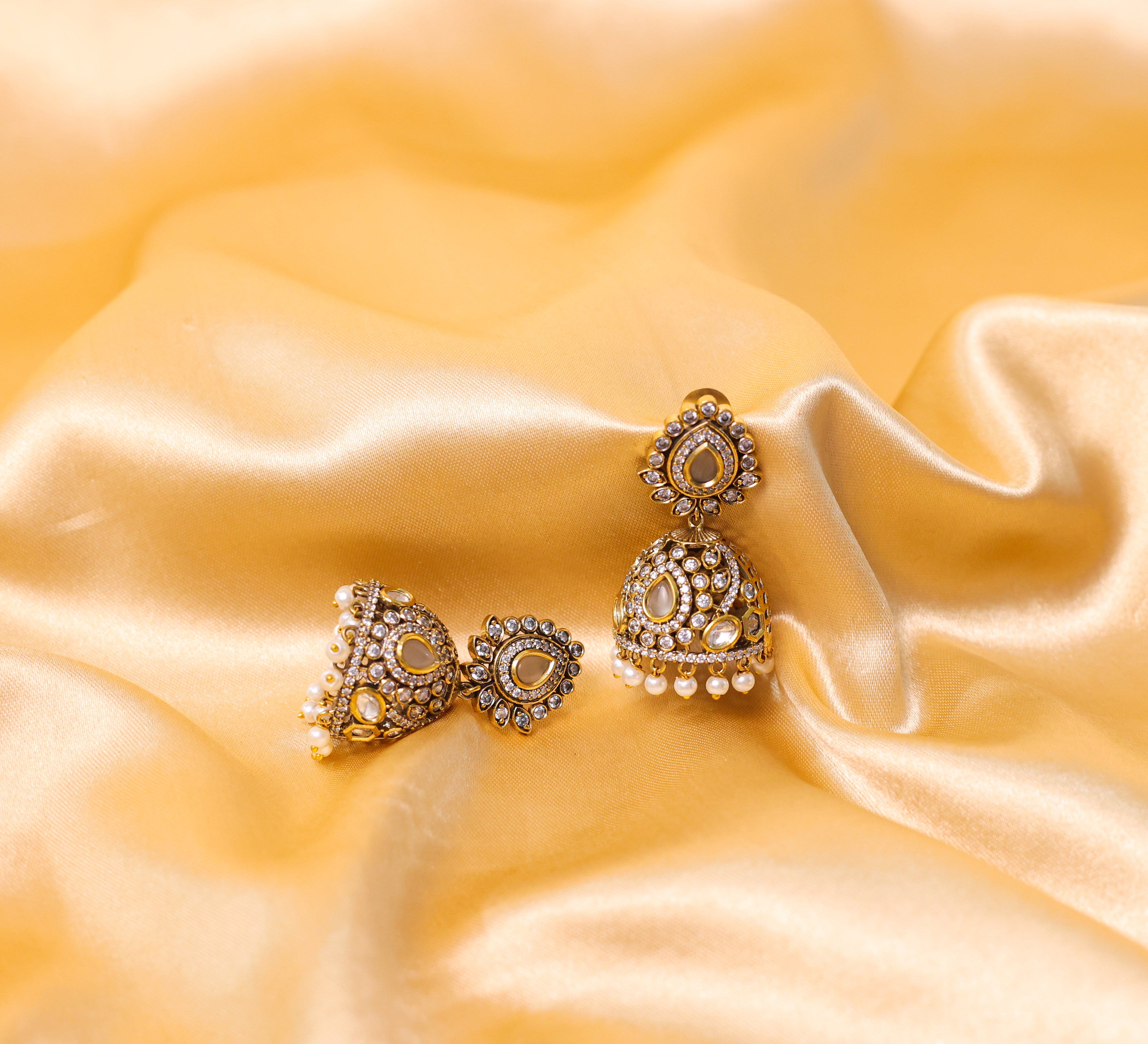 Silver Foil Victorian Jhumki Earrings with Kundan Polki and Hydro Stones - Adisha Jewels