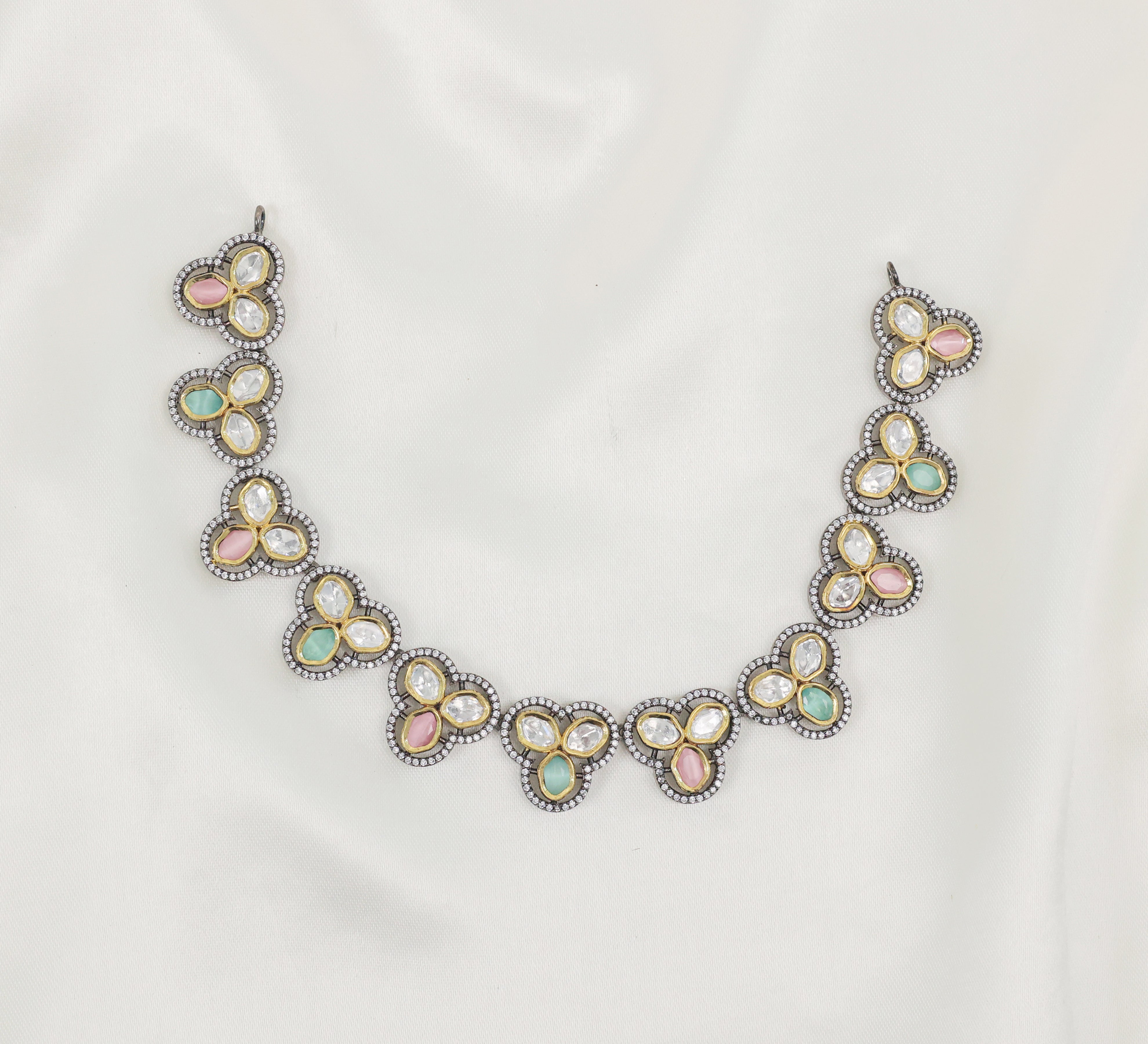 Victorian-Inspired Necklace Set with Hydro Stones & Kundan Polki - Adisha Jewels