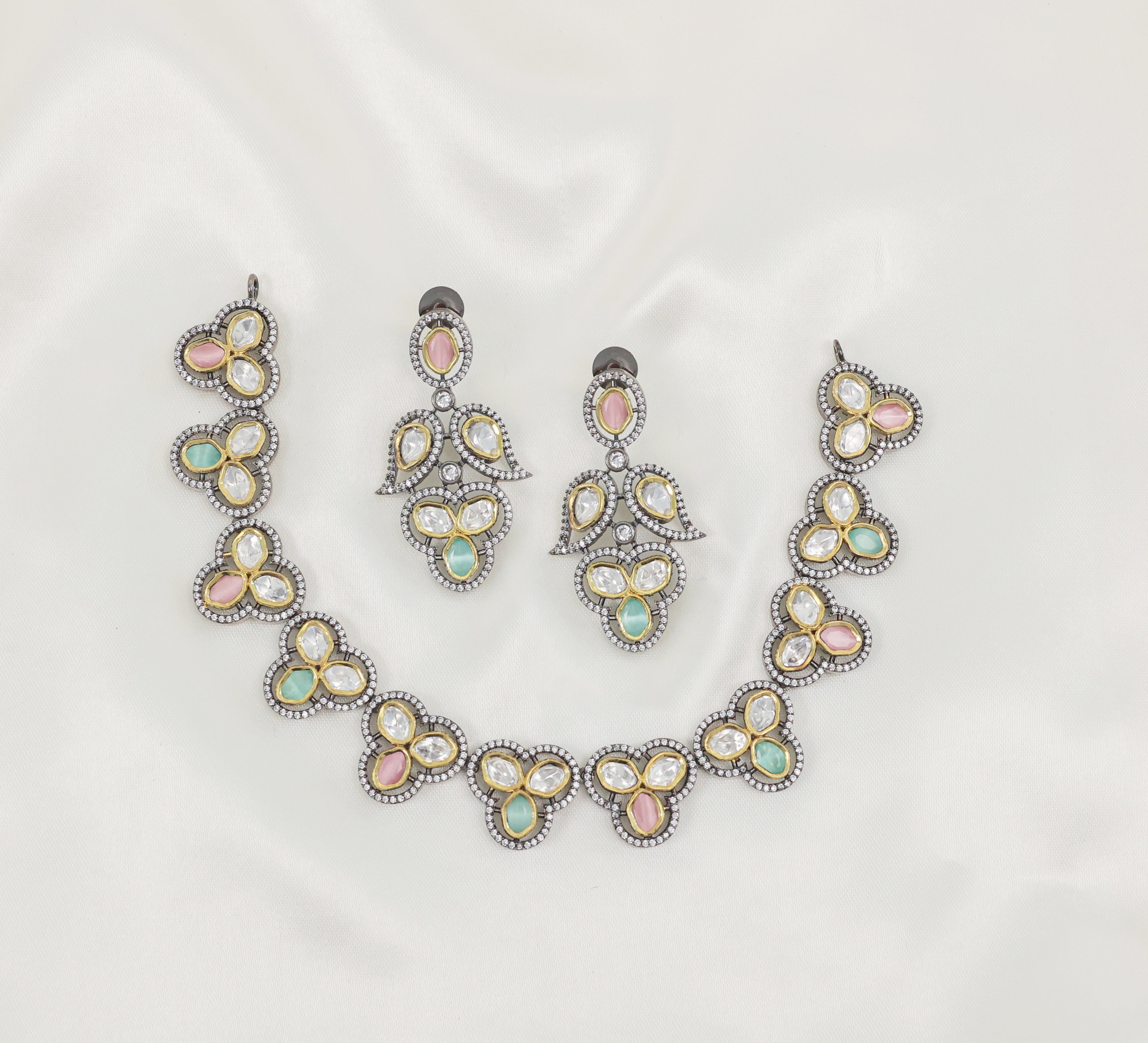 Victorian-Inspired Necklace Set with Hydro Stones & Kundan Polki - Adisha Jewels