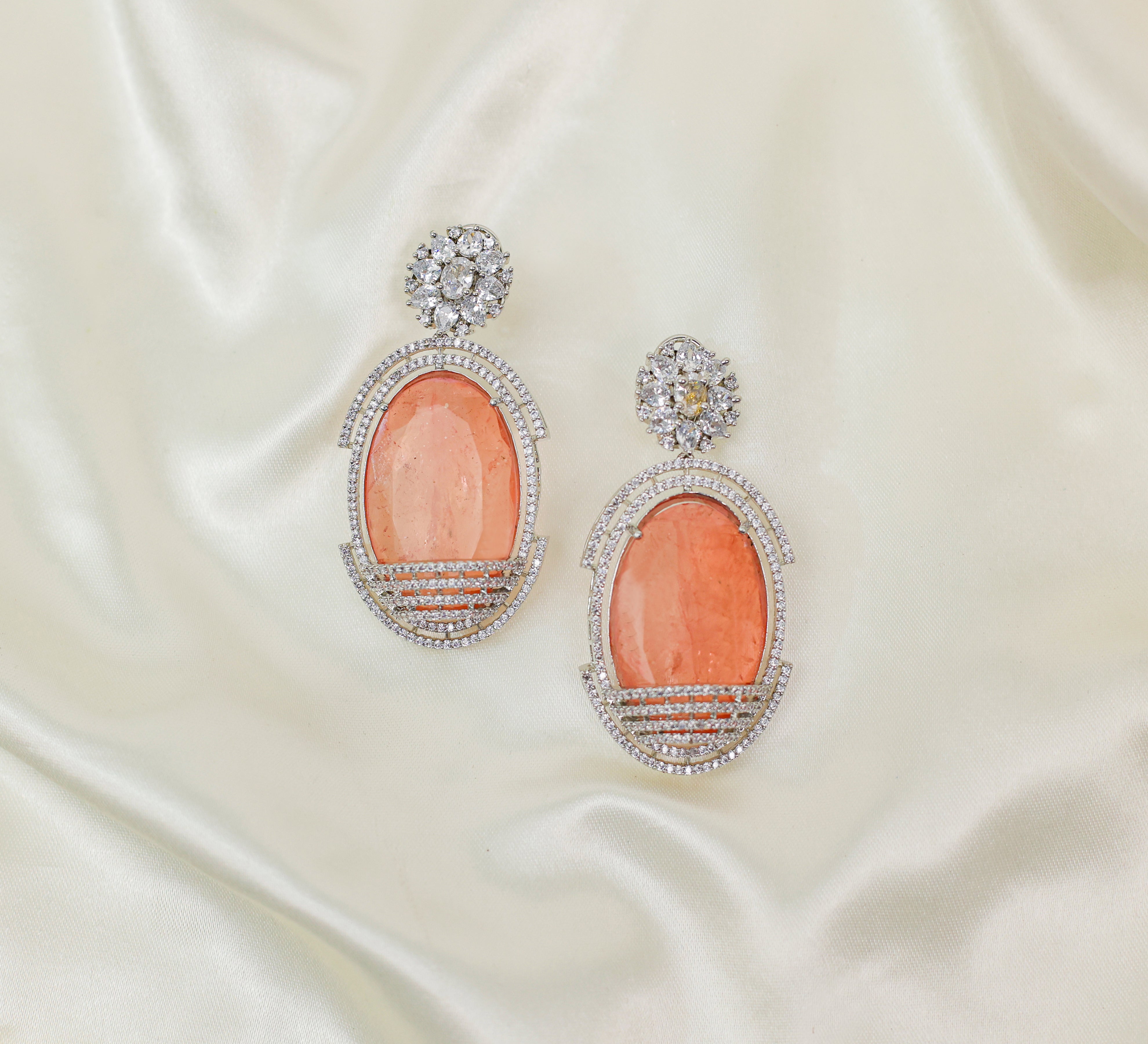 Doublet Stones Earrings with White Rhodium Plating - Adisha Jewels