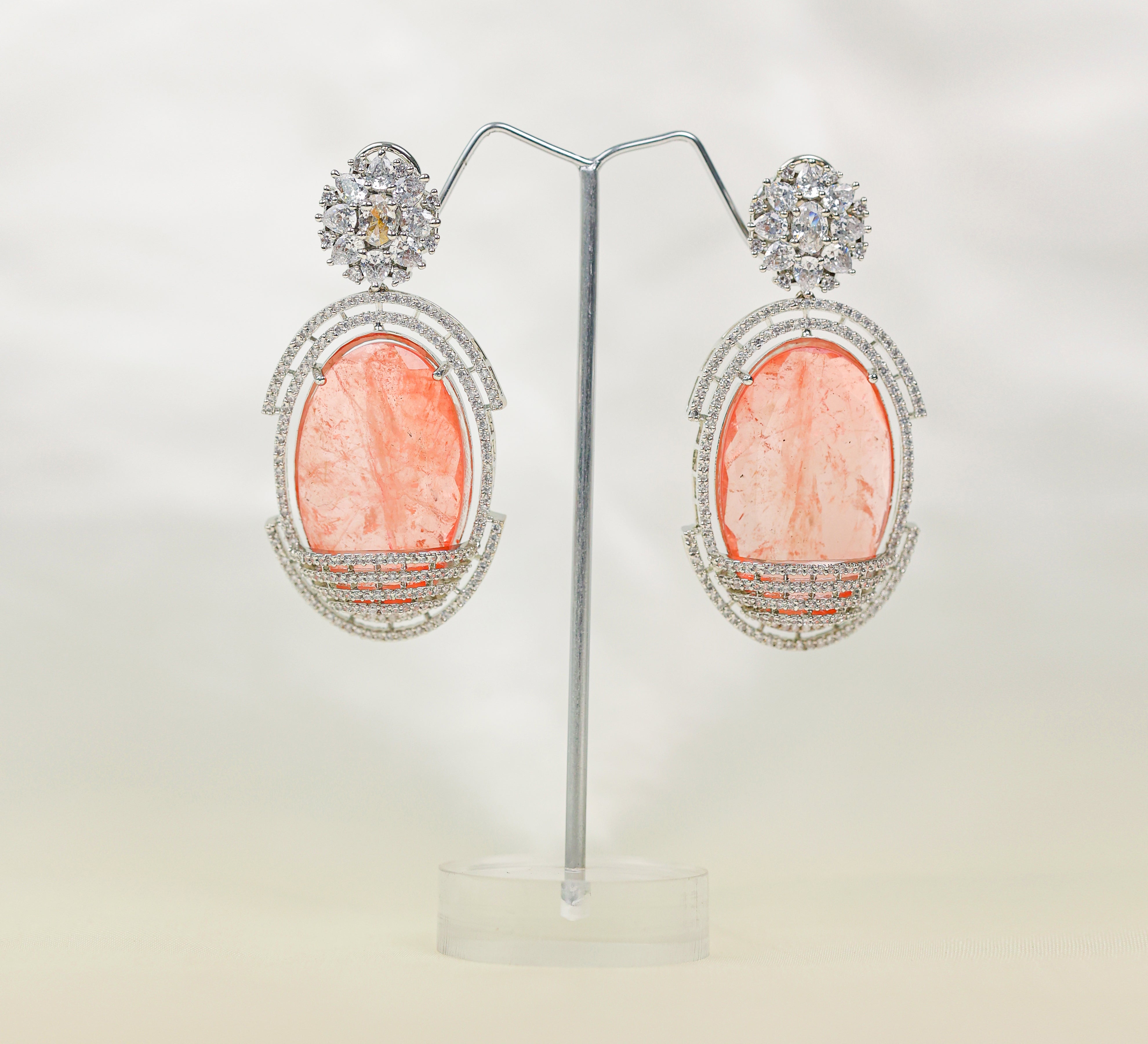 Doublet Stones Earrings with White Rhodium Plating - Adisha Jewels