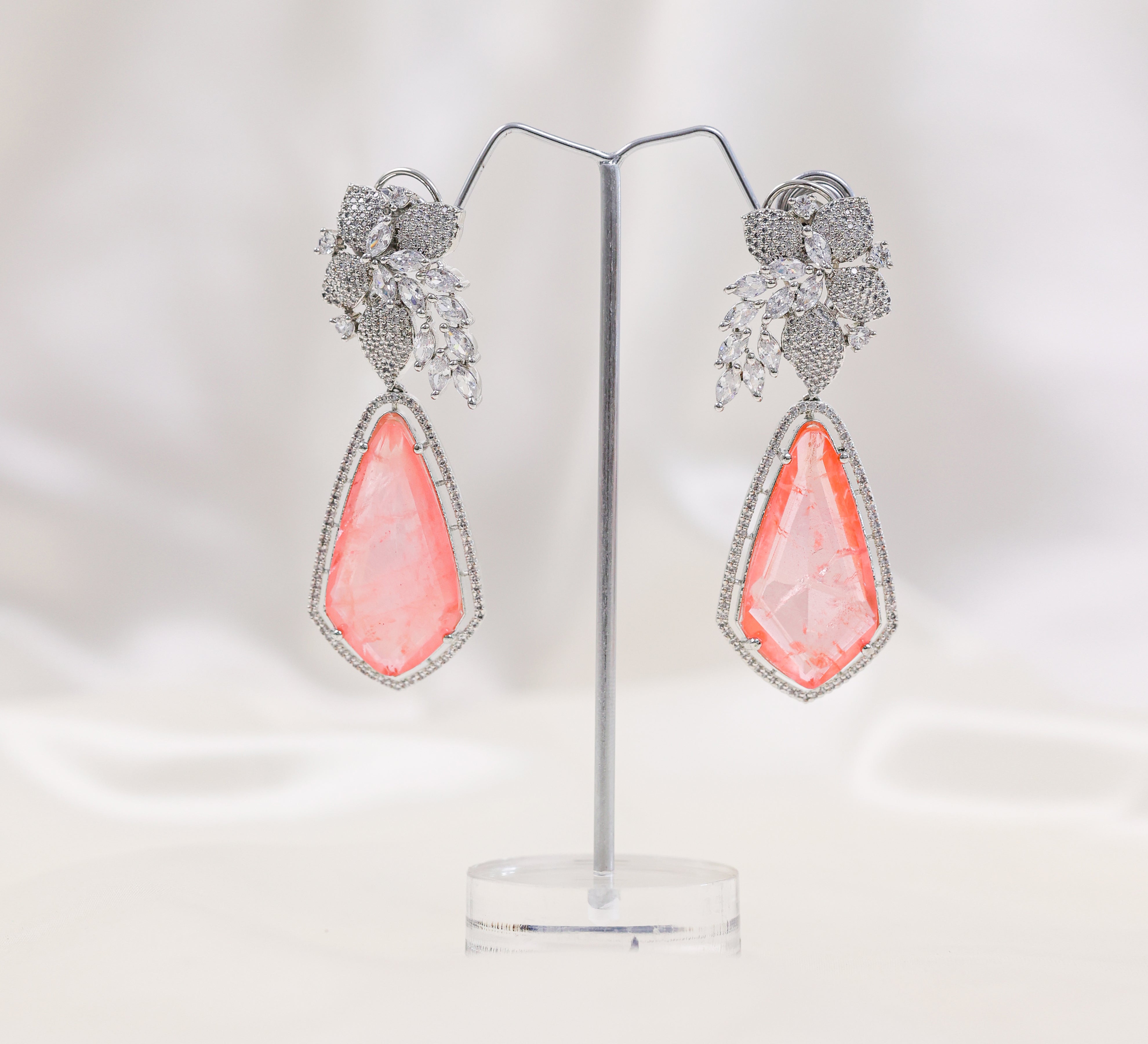 Beaded Earrings with Doublet Stones and CZ in White Rhodium - Adisha Jewels