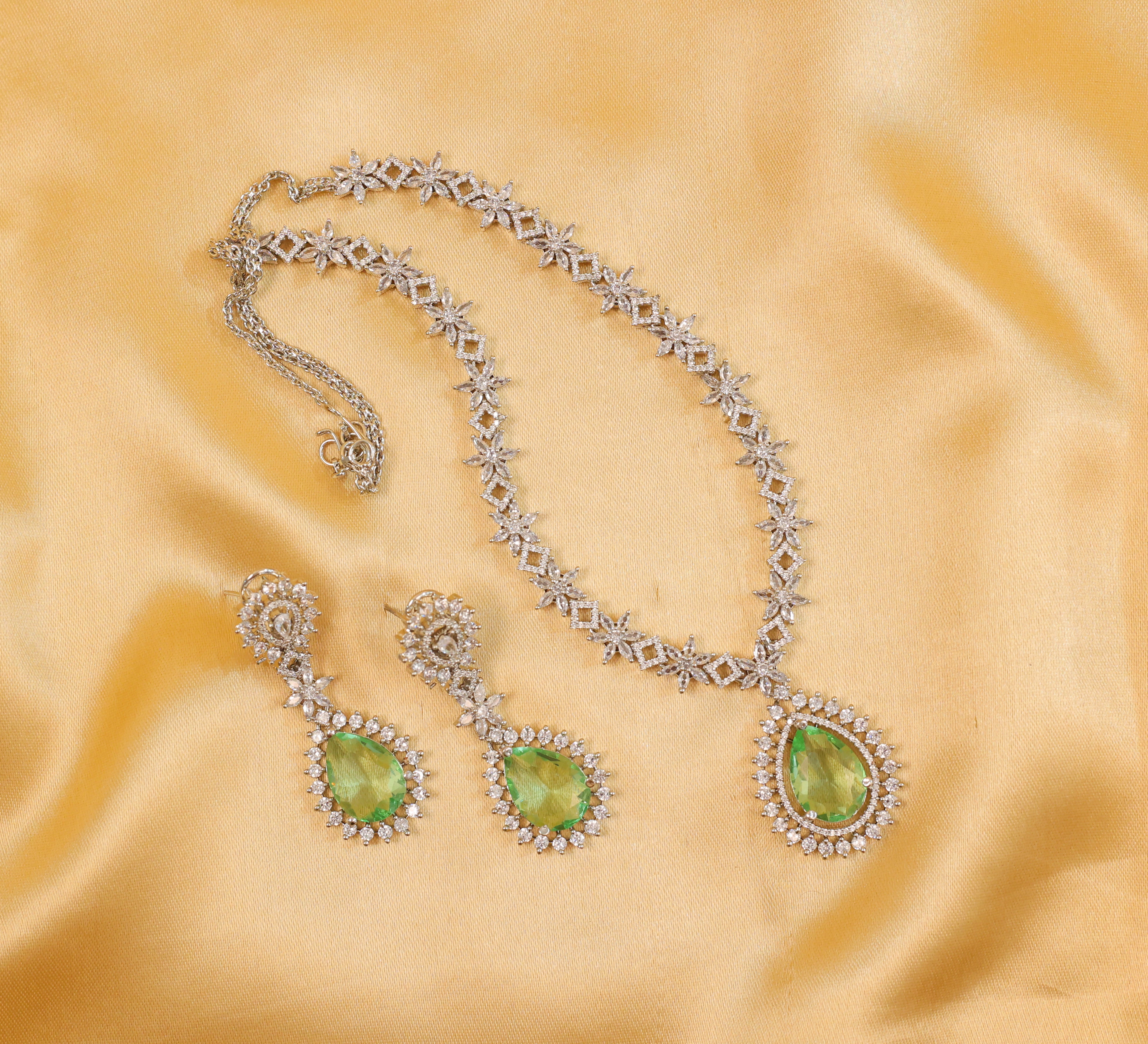 White Rhodium Necklace Set with Cubic Zirconia and Hydro Stones - Adisha Jewels