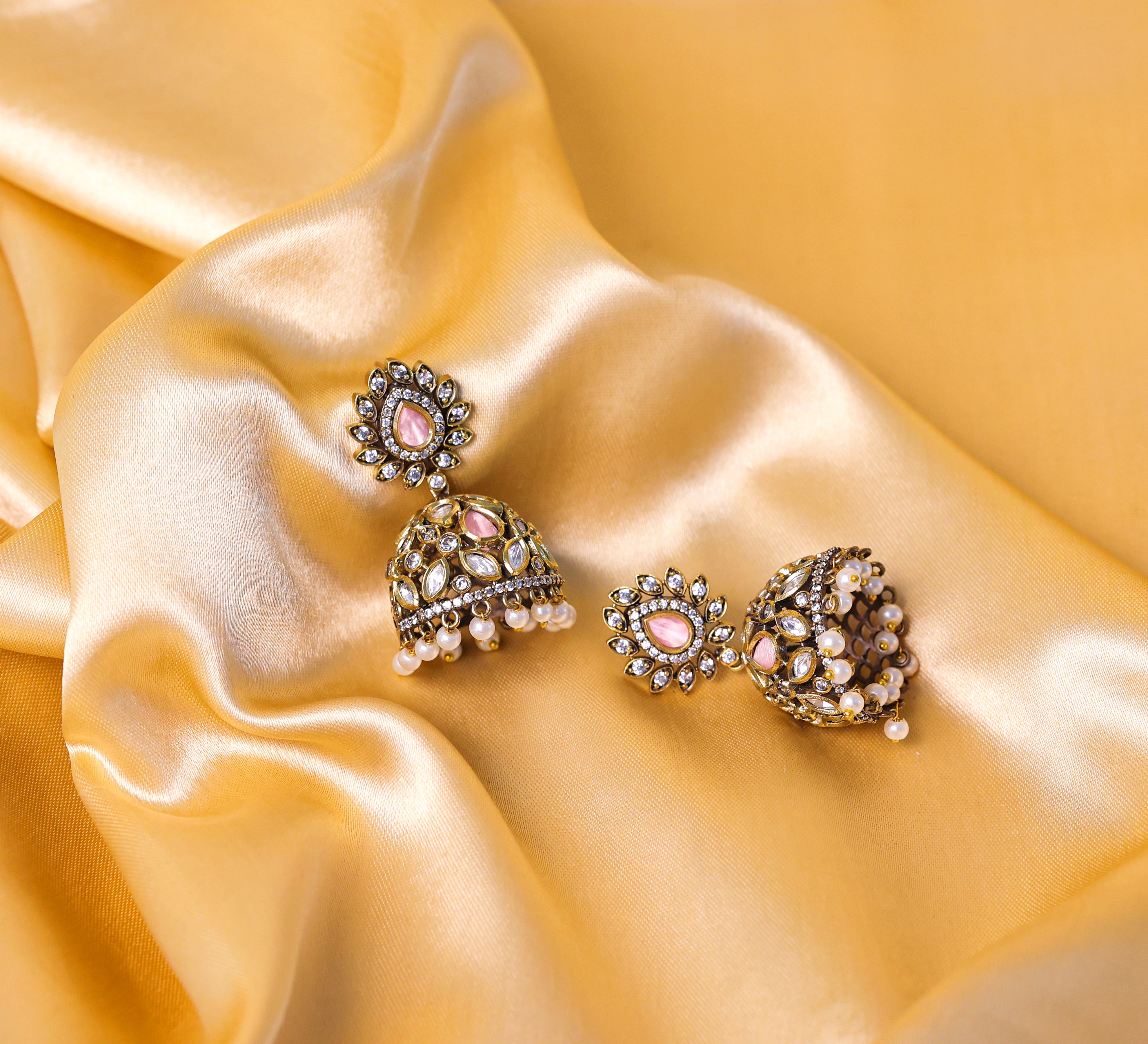 Silver Foil Victorian Jhumki Earrings with Kundan Polki and Hydro Stones - Adisha Jewels