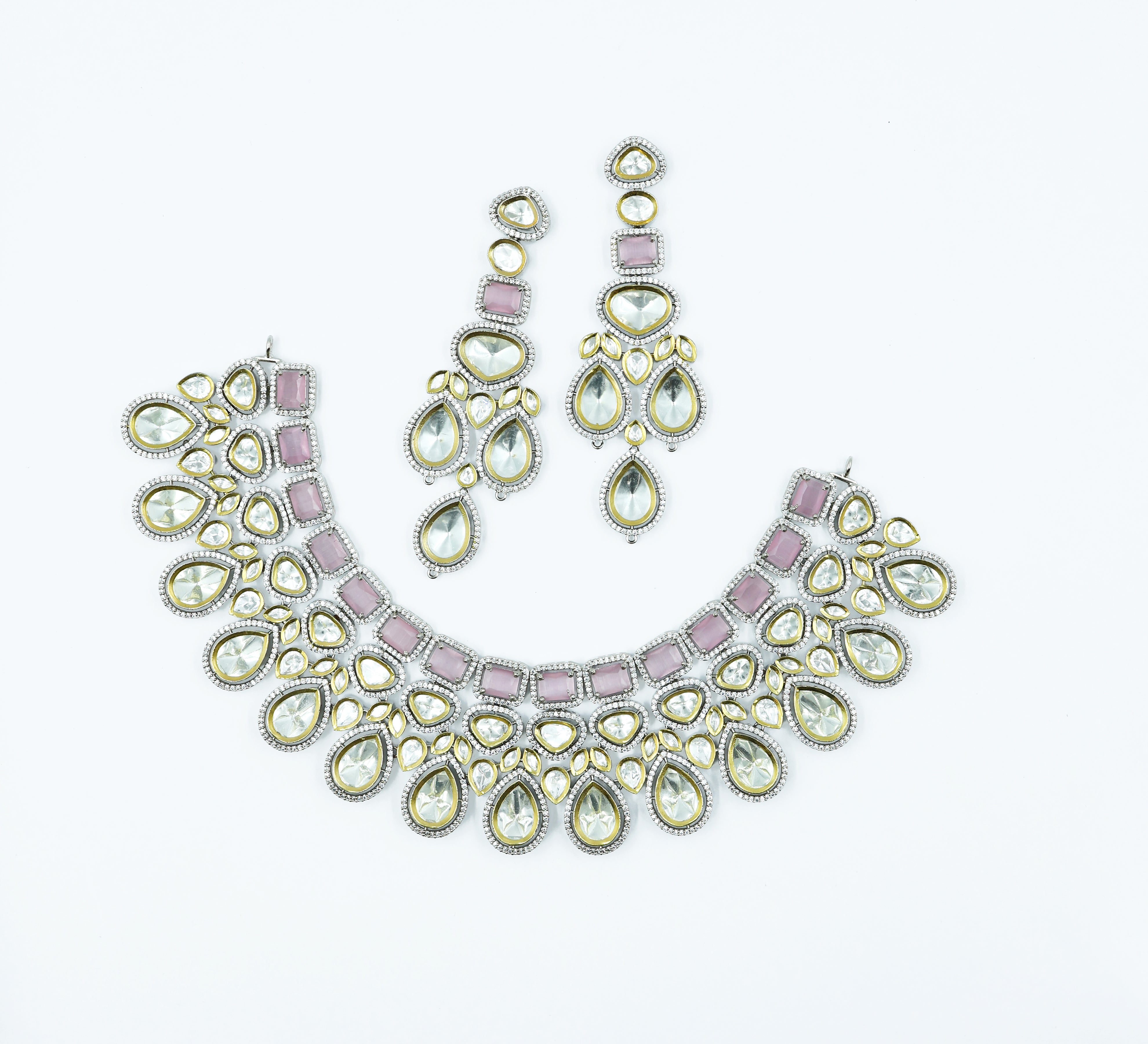 Victorian-Inspired Kundan Polki Necklace Set with Hydro Stones - Adisha Jewels