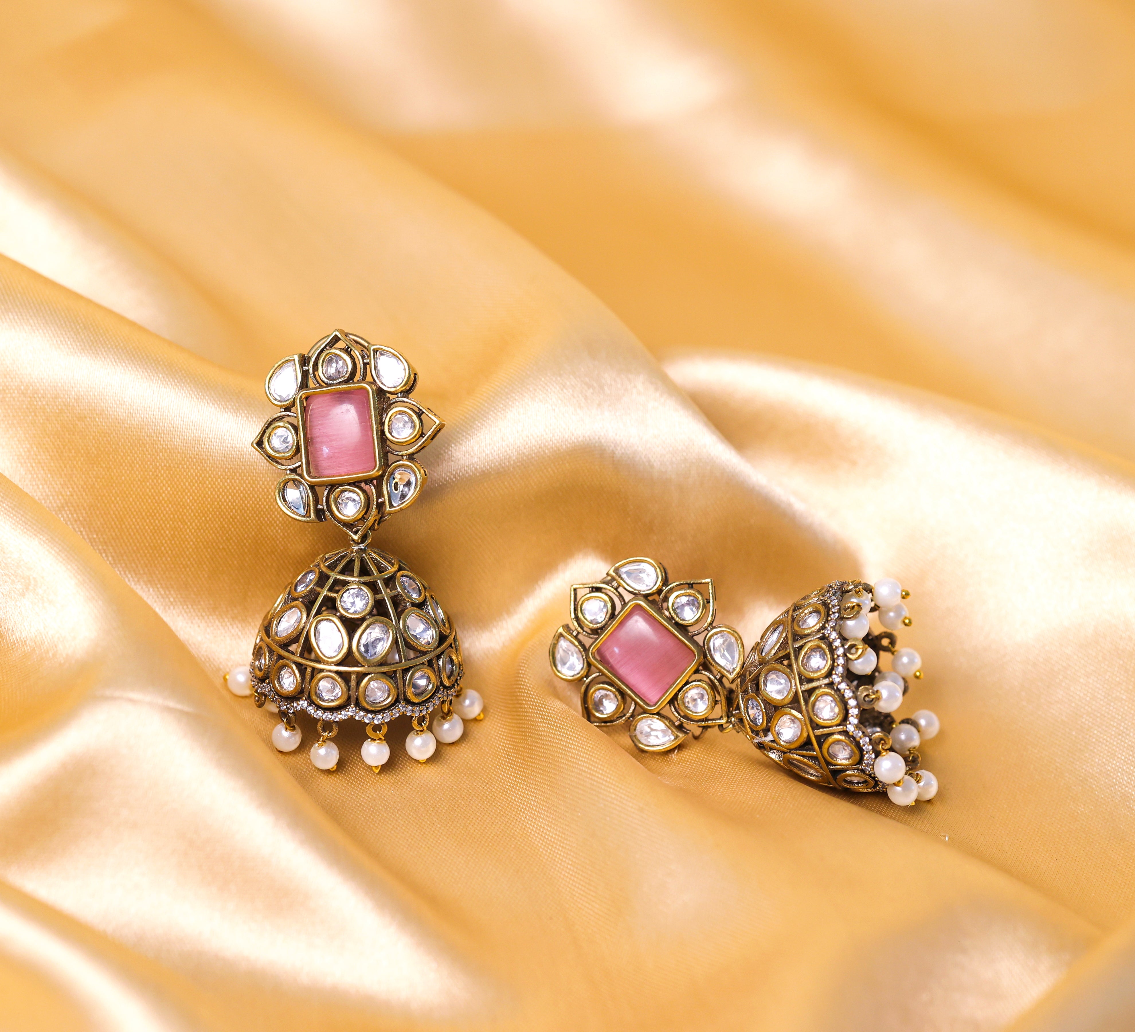 Silver Foil Victorian Jhumki Earrings with Kundan Polki and Hydro Stones - Adisha Jewels