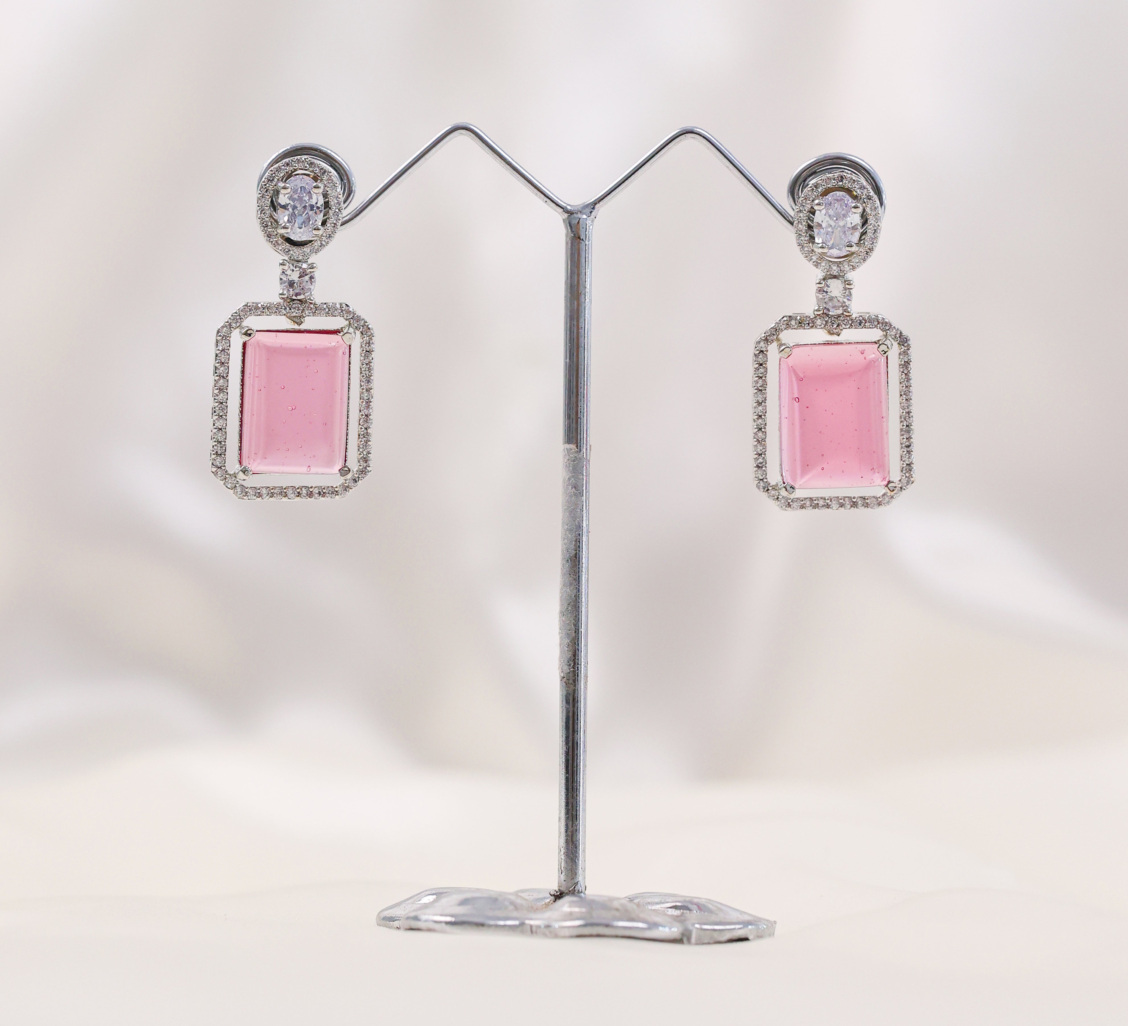 Earrings with Doublet Potta Stones and CZ Accents in White Rhodium - Adisha Jewels