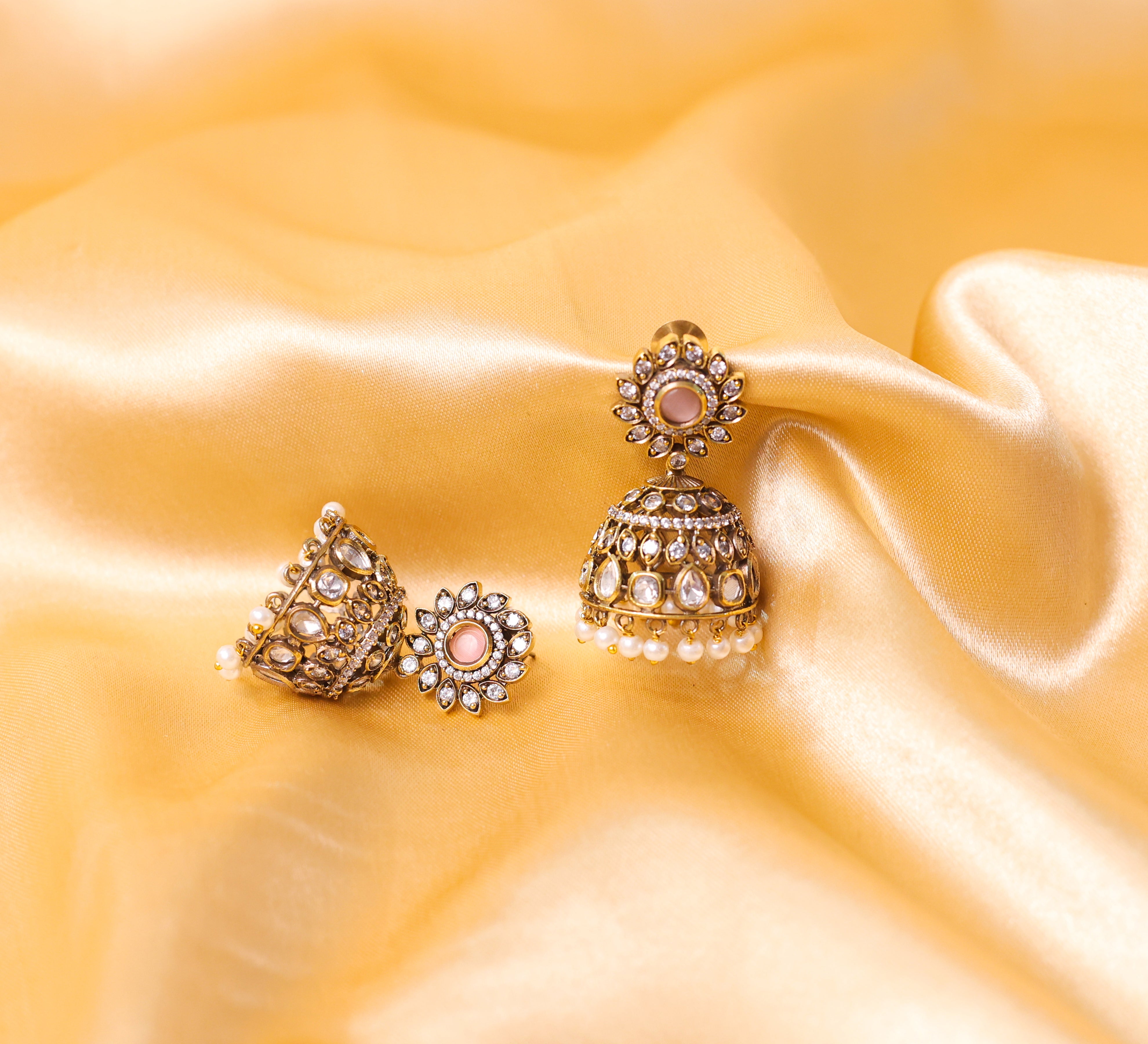 Silver Foil Victorian Jhumki Earrings with Kundan Polki and Hydro Stones - Adisha Jewels