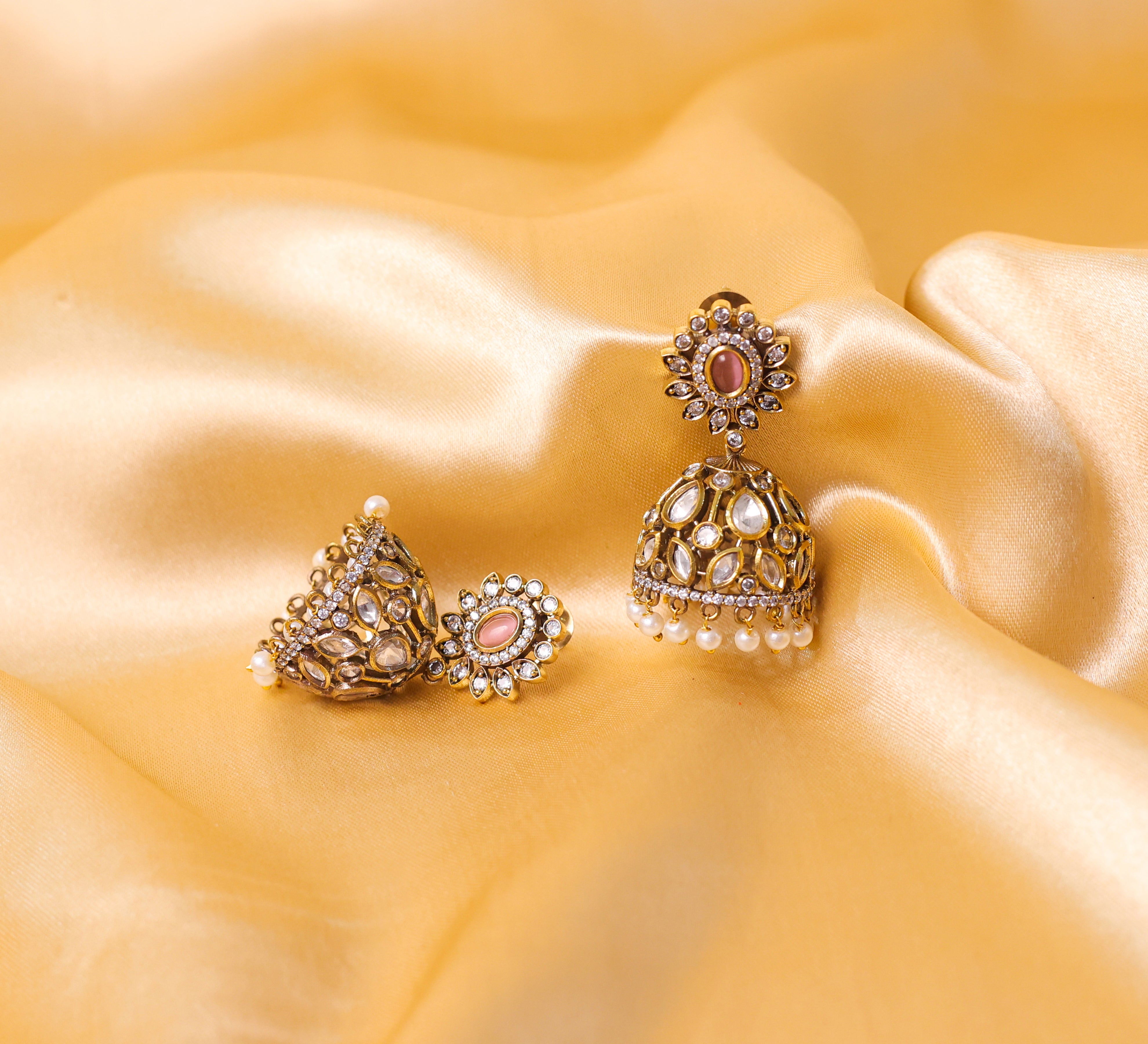 Silver Foil Victorian Jhumki Earrings with Kundan Polki and Hydro Stones - Adisha Jewels