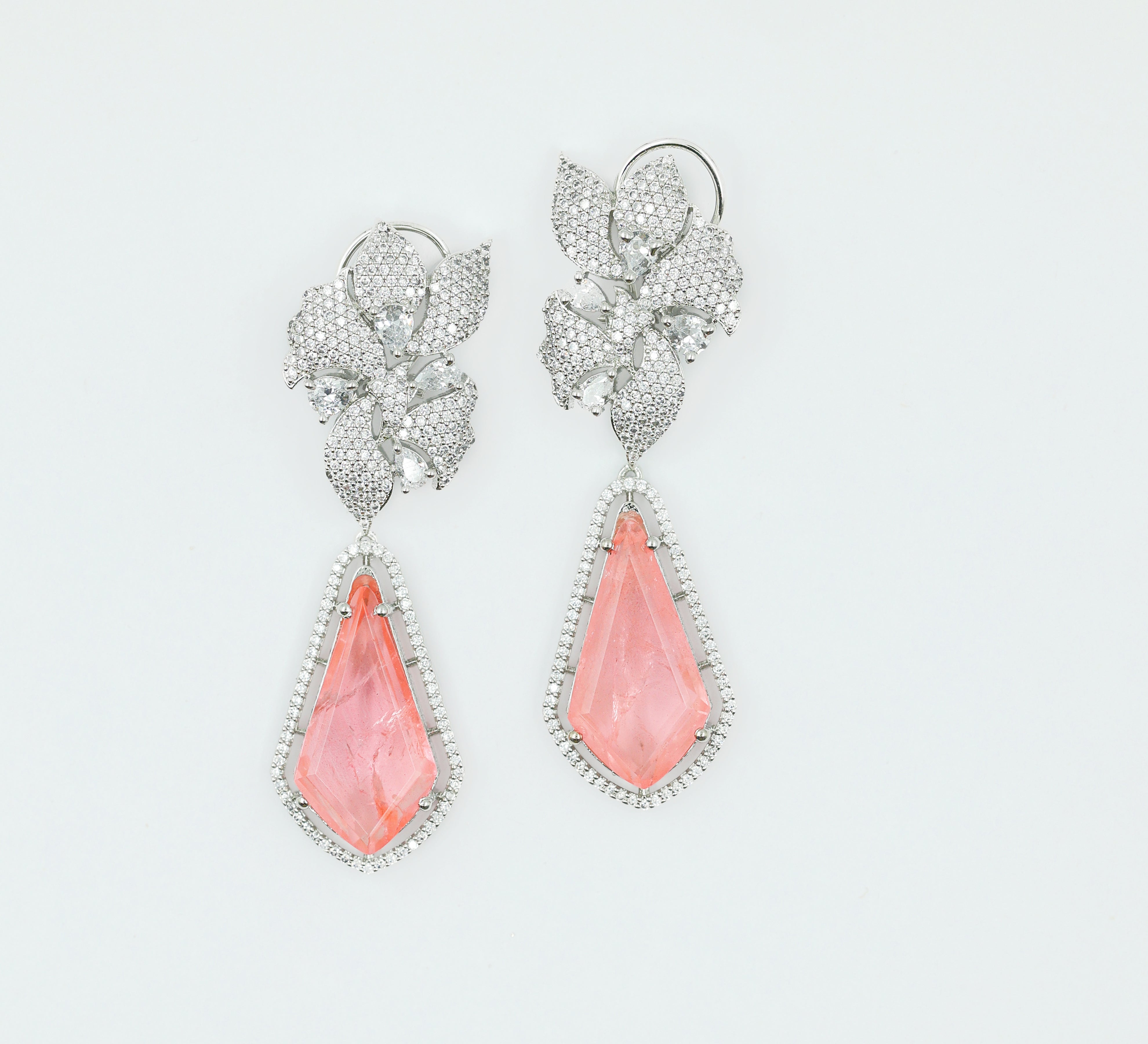 Doublet Stones Earrings with White Rhodium Plating - Adisha Jewels