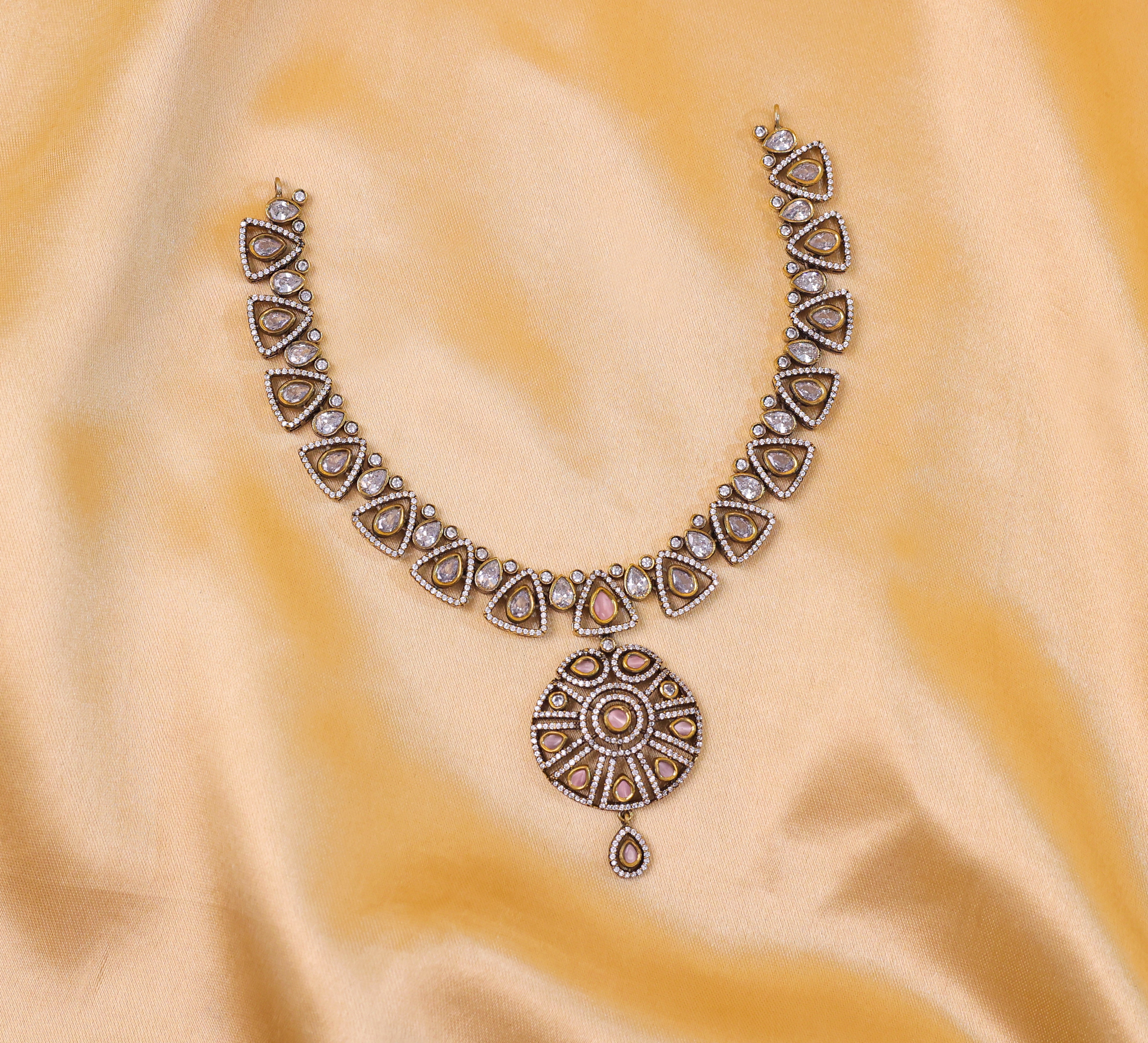 Victorian-Inspired Kundan Polki Necklace Set with Hydro Stones - Adisha Jewels