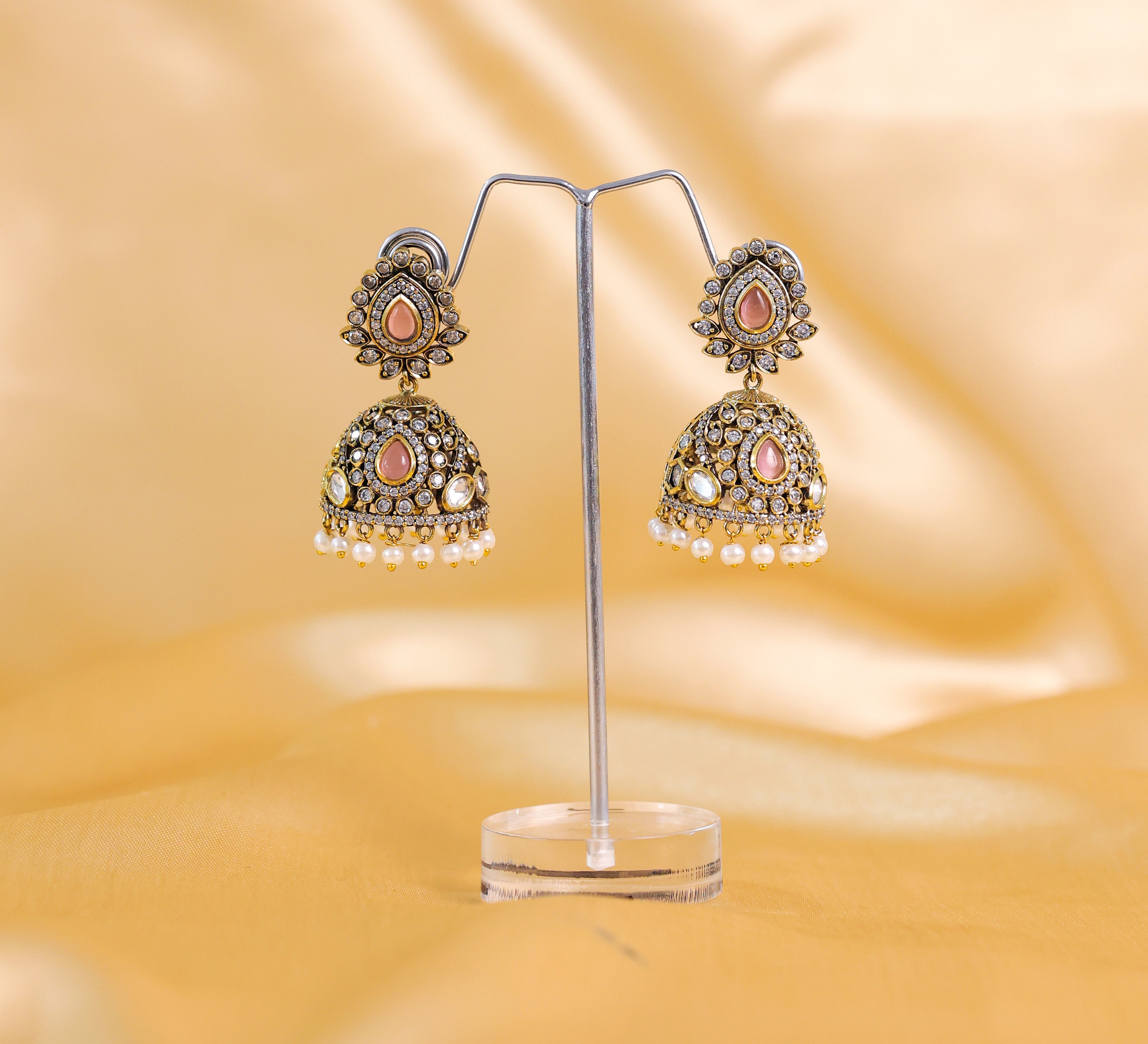 Silver Foil Victorian Jhumki Earrings with Kundan Polki and Hydro Stones - Adisha Jewels