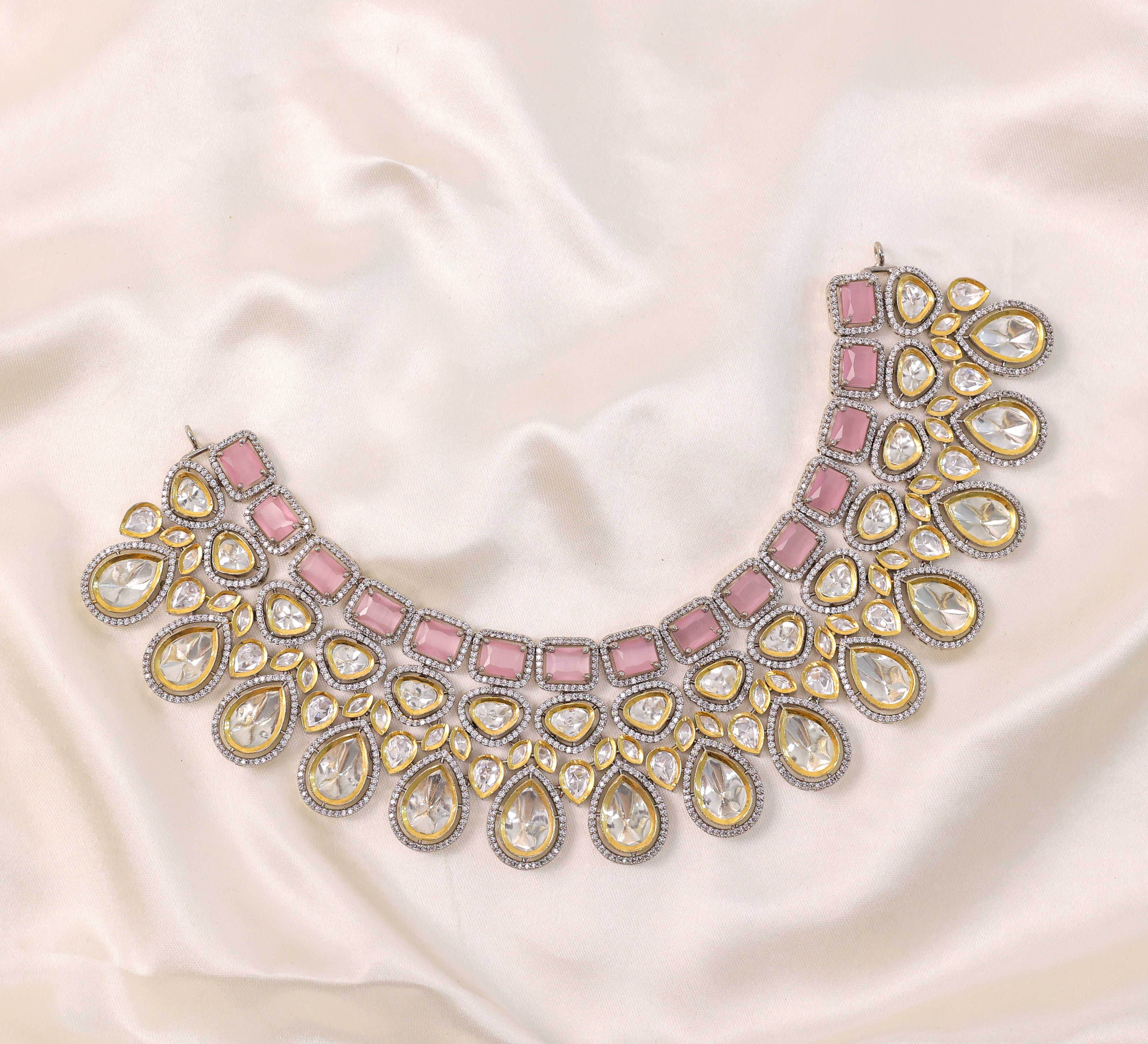 Victorian-Inspired Kundan Polki Necklace Set with Hydro Stones - Adisha Jewels